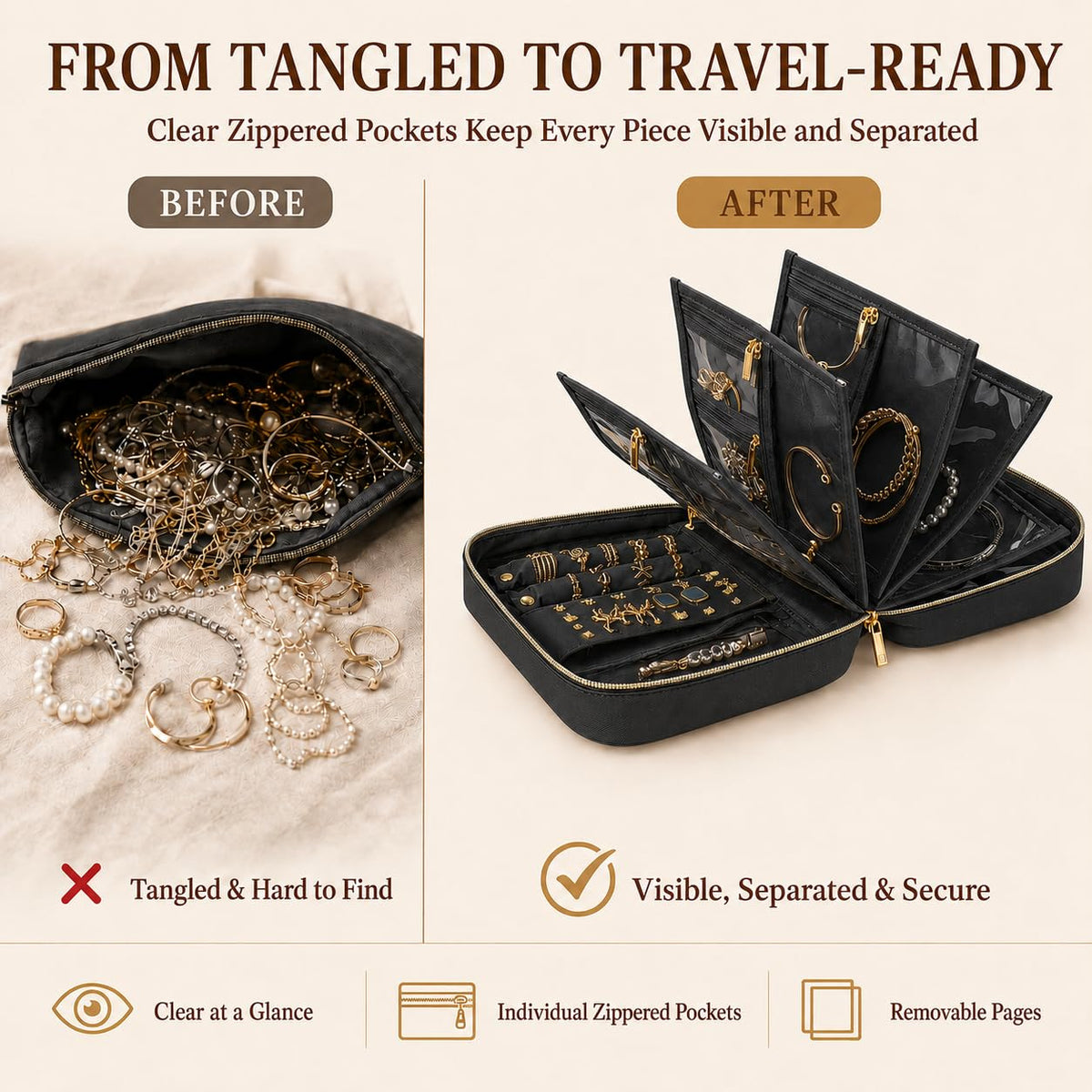 Travel Jewelry Case Organizer for Women Detachable Pouches - Vutlue Official Imagery - 6