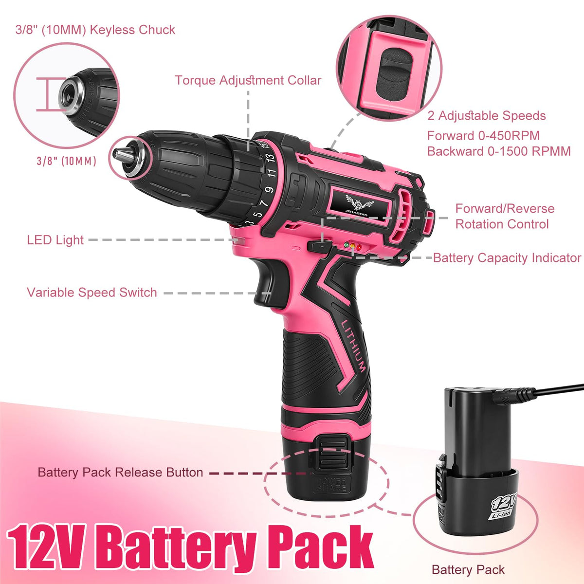 12V Cordless Drill Tool Set Home Tool Set with Pink Drill - JENABOM Official Imagery - 5