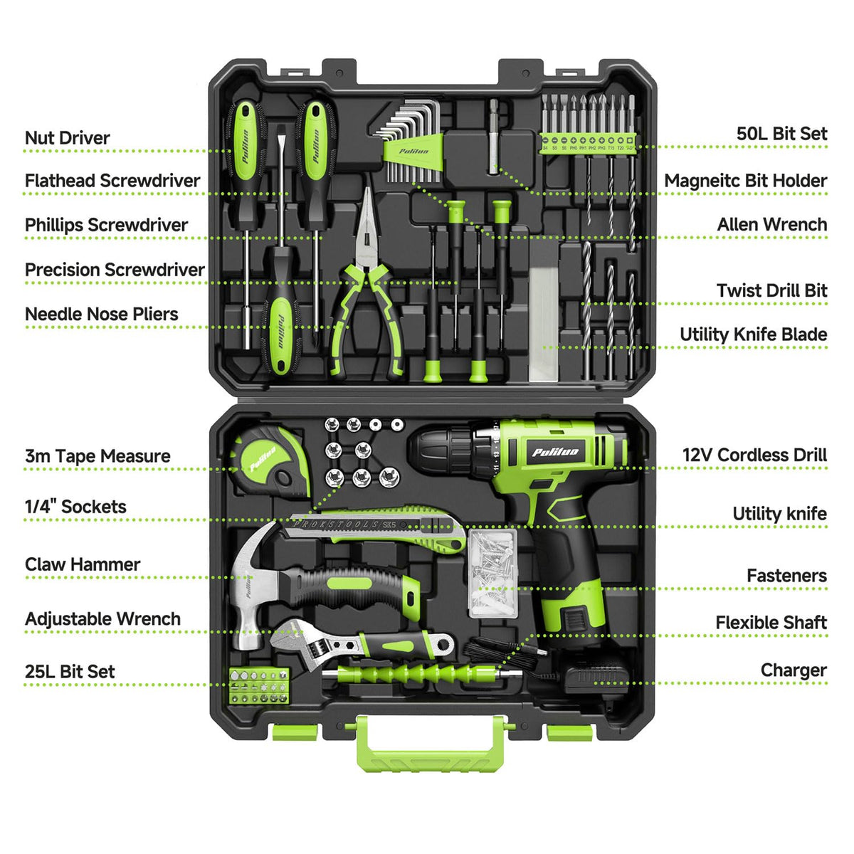 PULITUO Drill Set 149 Piece Home Tool Set with Green 12V - PULITUO Official Imagery - 3