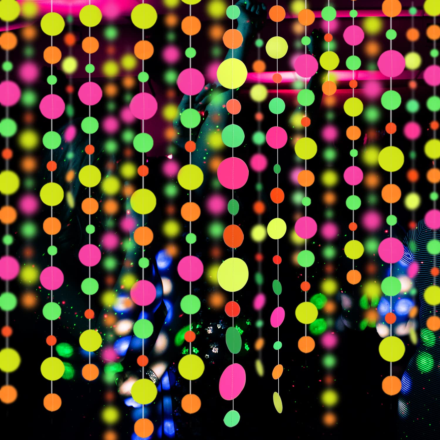 110feet UV Round Dot Paper Neon Garland Streamers Black Light - Product Imagery