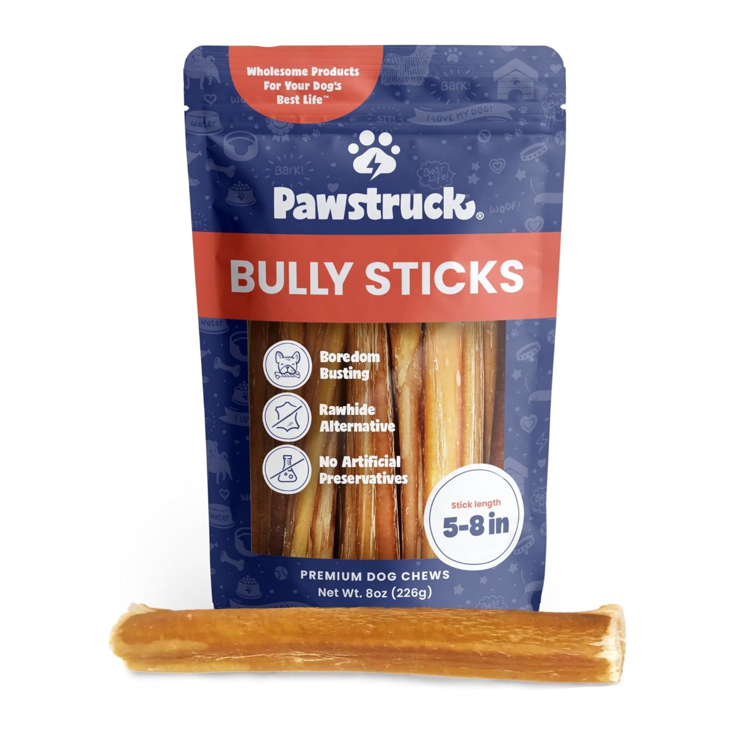 Pawstruck Natural 5-8 inch bully sticks for dogs, long-lasting dog chews made from high-quality beef for healthy chewing enjoyment