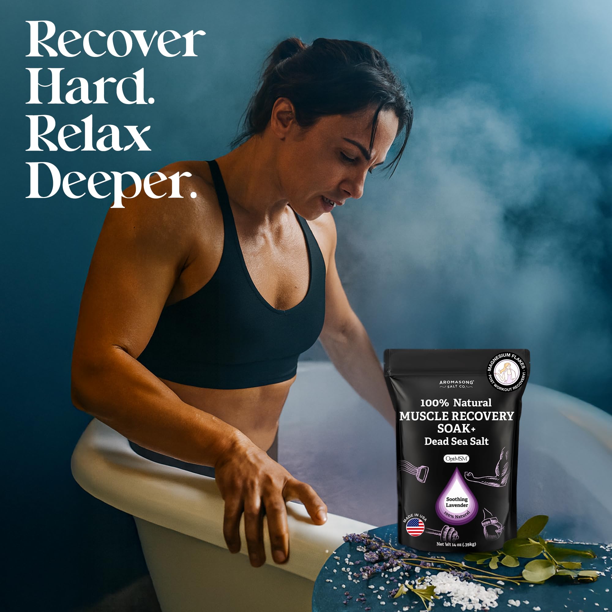 Aromasong Muscle Recovery Bath Soak for Muscle | Sore Muscle Soak with Dead Sea Salt, OptiMSM, Magnesium Flakes & Essential Oils | 3 Lb. - Made in USA.
