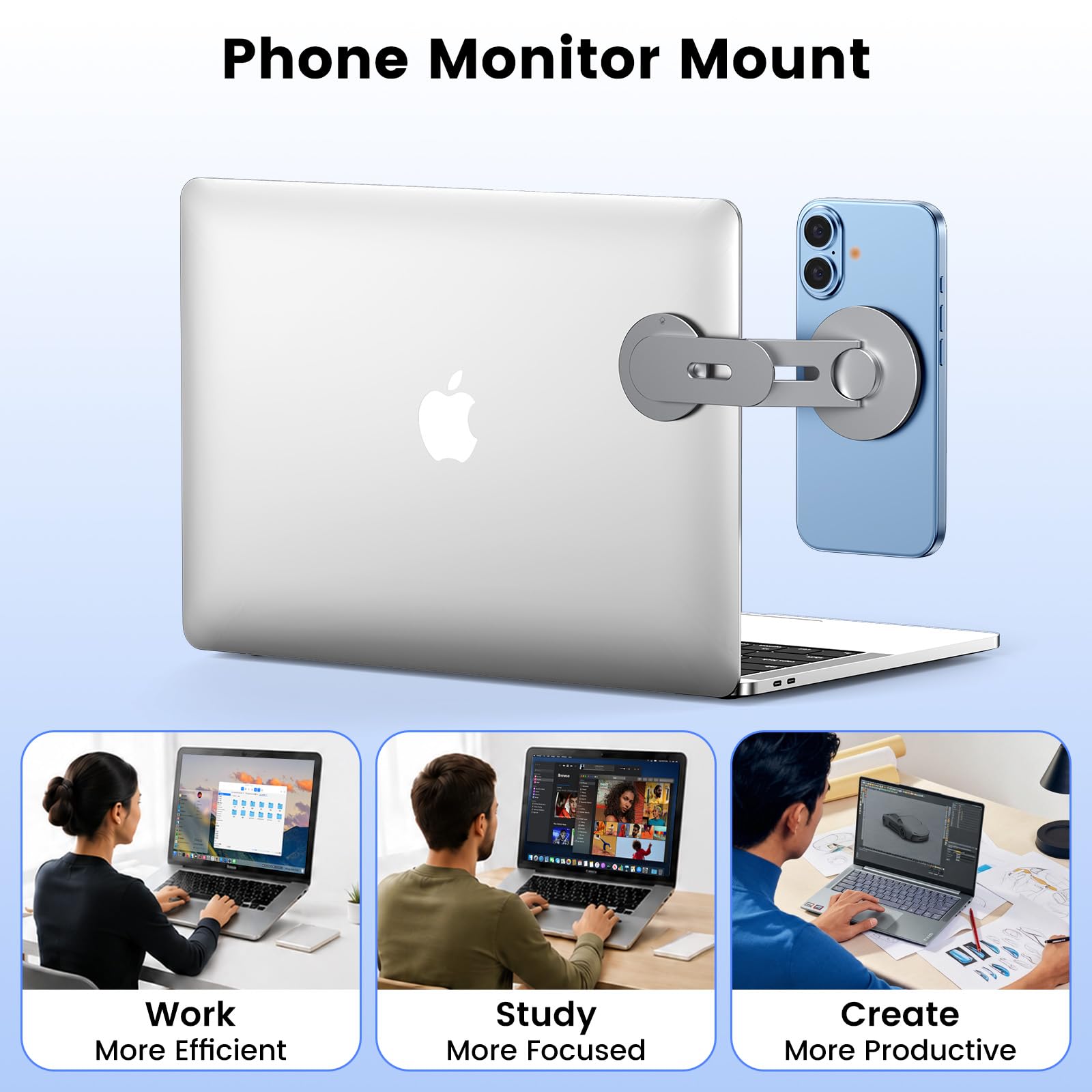 MAGDIGITEH magnetic phone holder for laptop, adjustable magSafe mount for iPhone 12-17, fits Tesla monitor, gray portable electronic device mount.