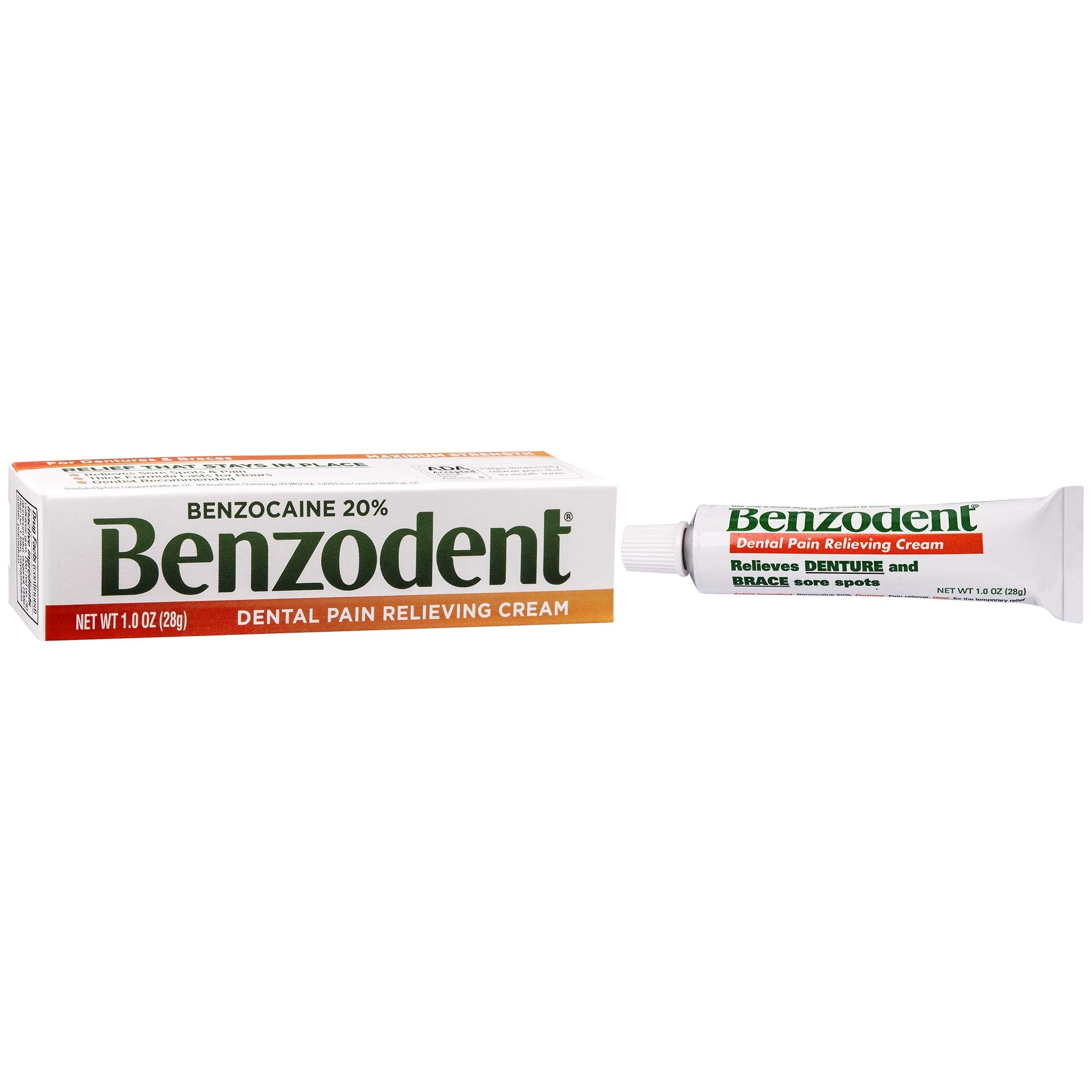 Benzodent Maximum Strength Dental and Oral Pain Relieving Cream for Dentures, Mouth Sores, and Braces, Long lasting Topical Anesthetic, 1oz