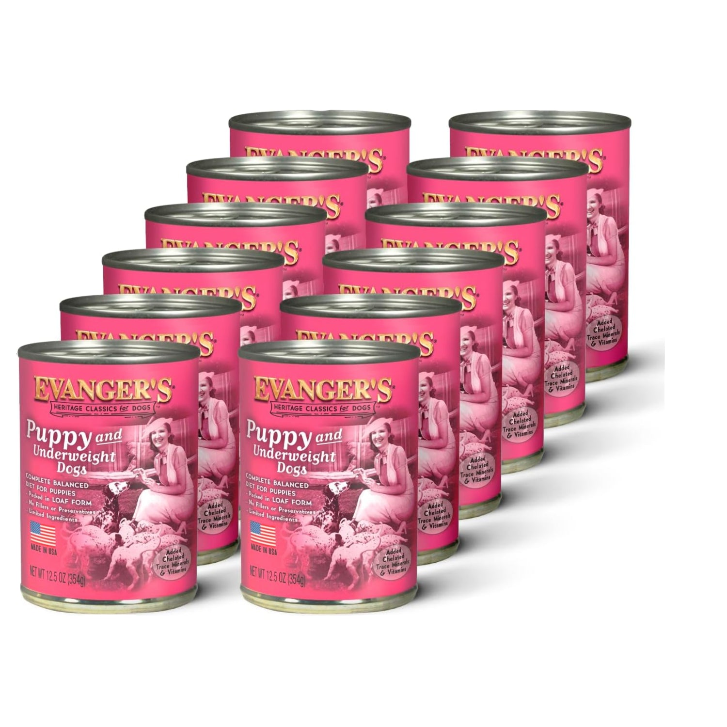 Evanger's Heritage Classic Puppy and Underweight dog food 12-count, 12.8 oz cans, featuring nutritious, high-quality dog nutrition.