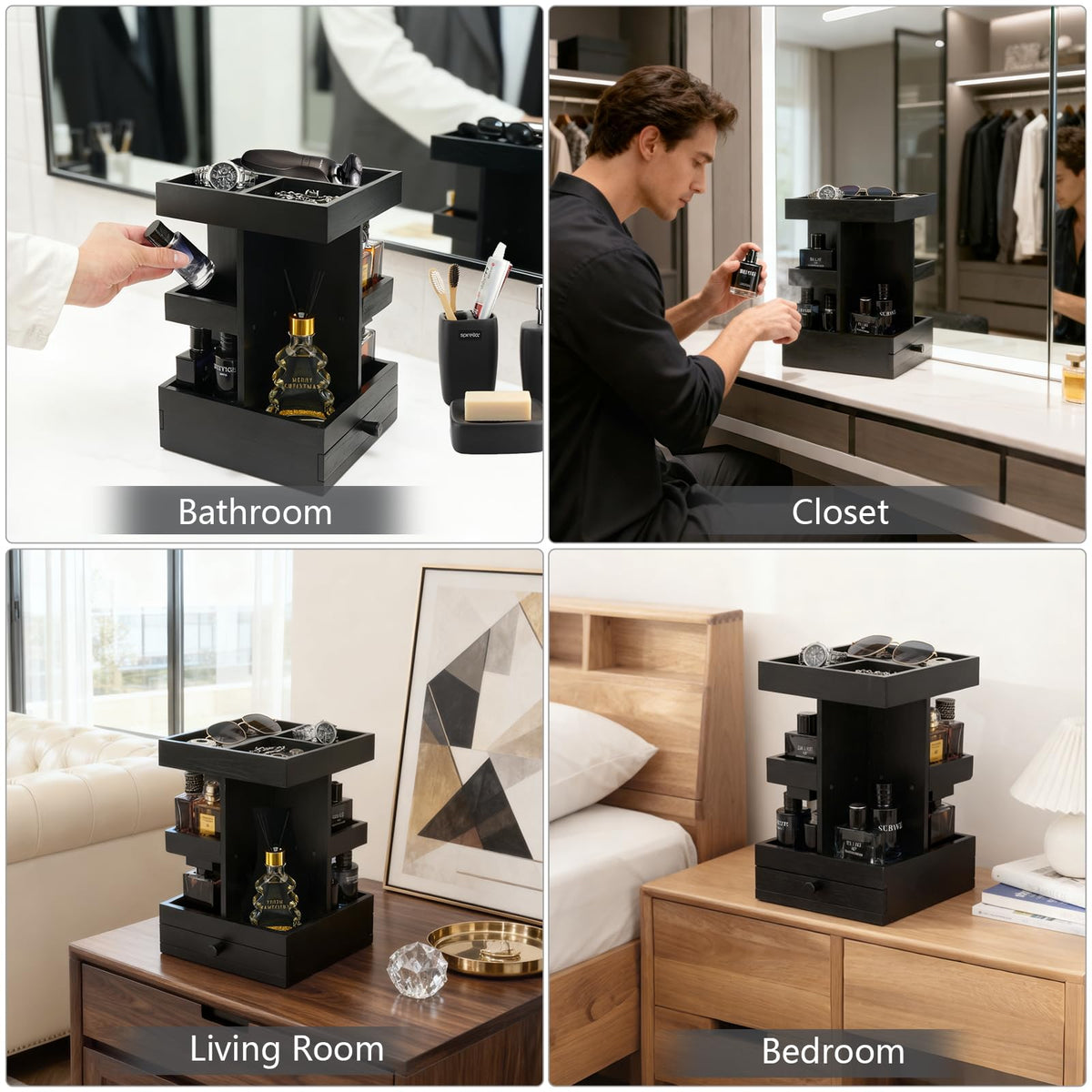 Rotating Cologne Organizer for Men Black Wooden Perfume - VYNOPA Official Imagery - 8