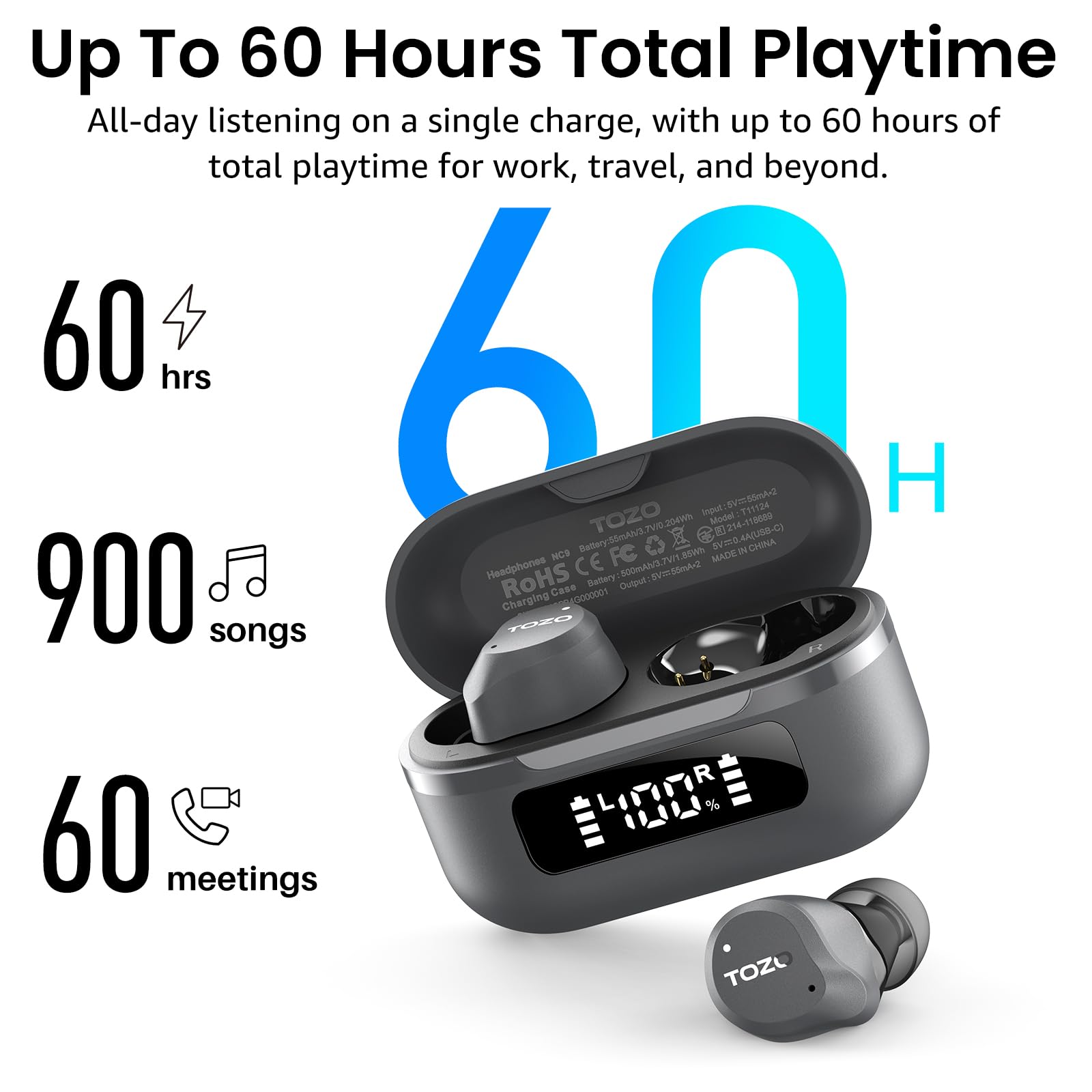TOZO NC9 Hybrid Active Noise Cancelling Wireless Earbuds, 60H, LE - TOZO Official Product View 4