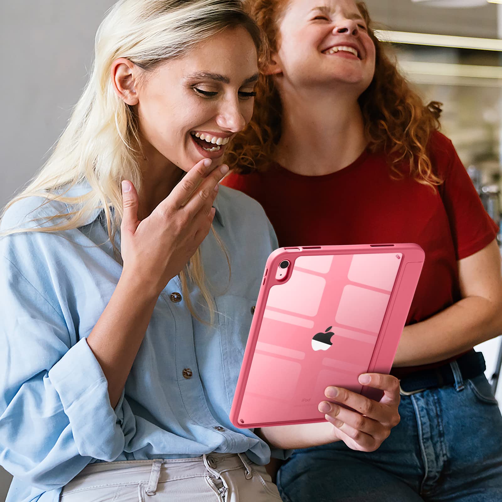 Wenlaty watermelon pink iPad case for 11th and 10th generation models, showing the colorful protective cover on an iPad.