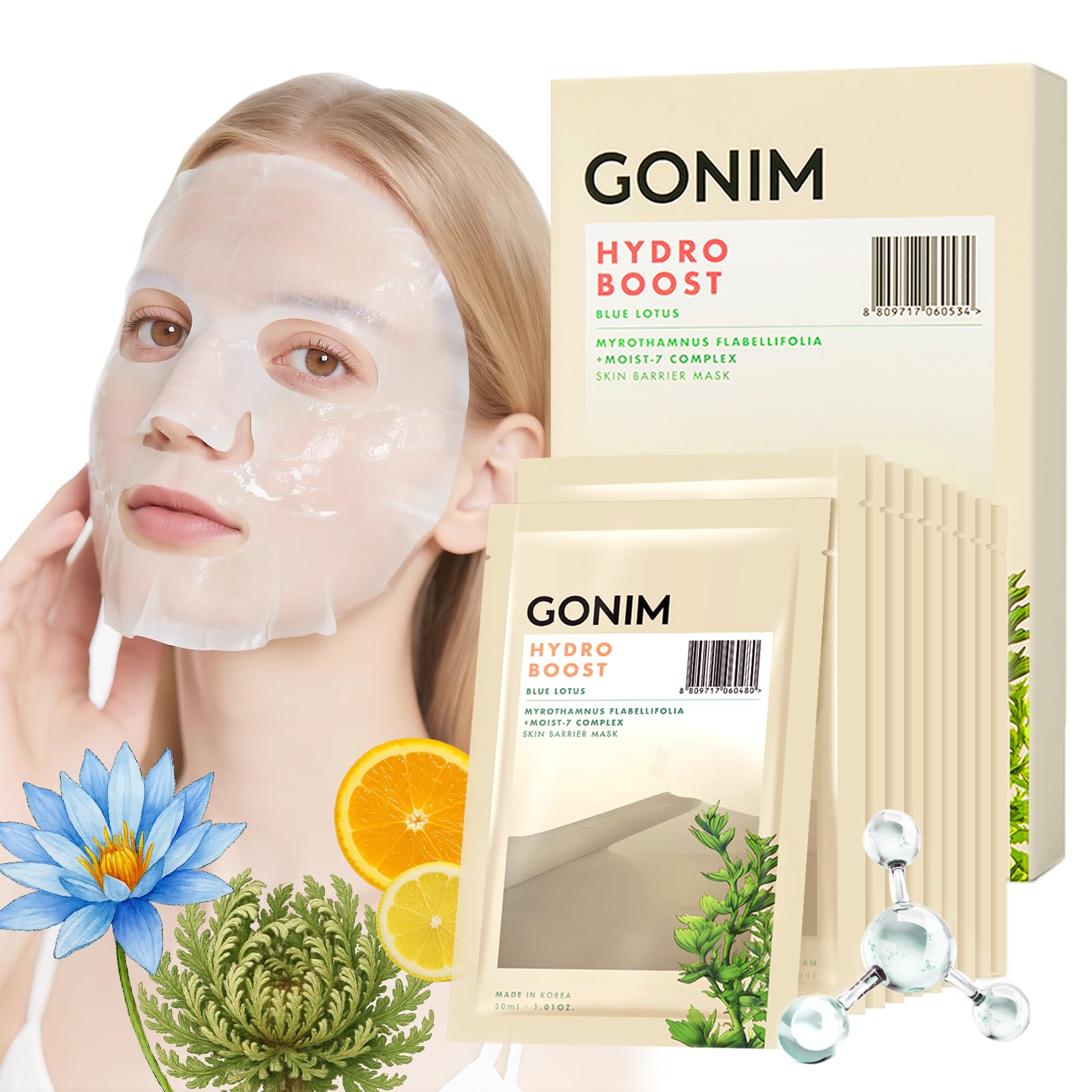 Korean Face Mask, Hydrating Sheet Mask with Hyaluronic Acid Serum - GONIM