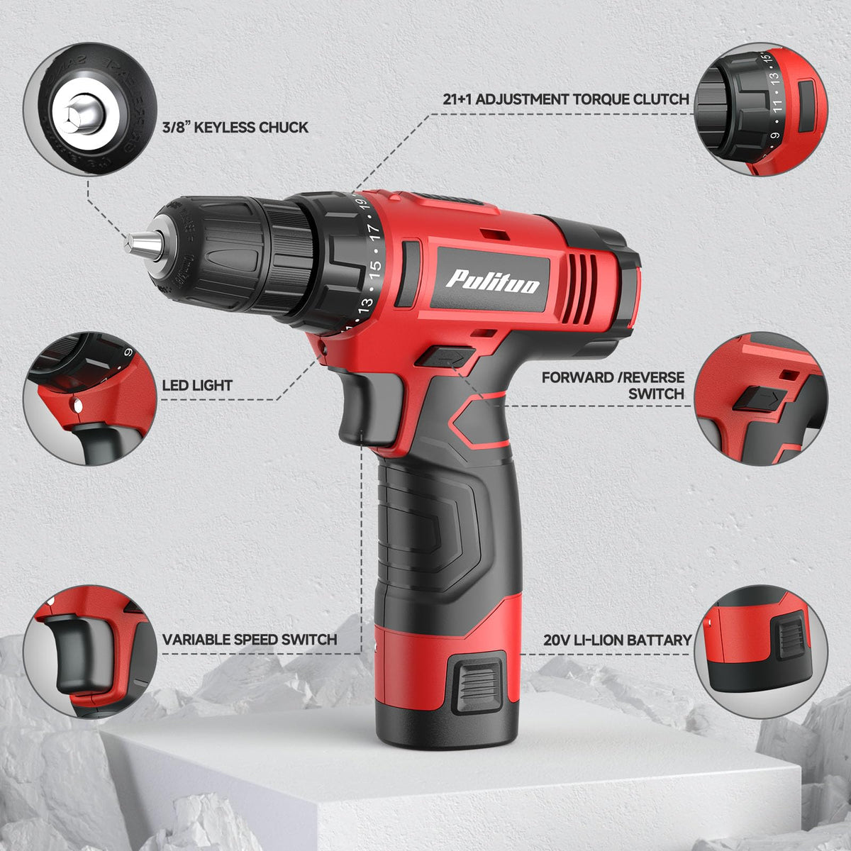 PULITUO 149 Piece Home Drill Set with Red 12V Cordless Drill - PULITUO Official Imagery - 5