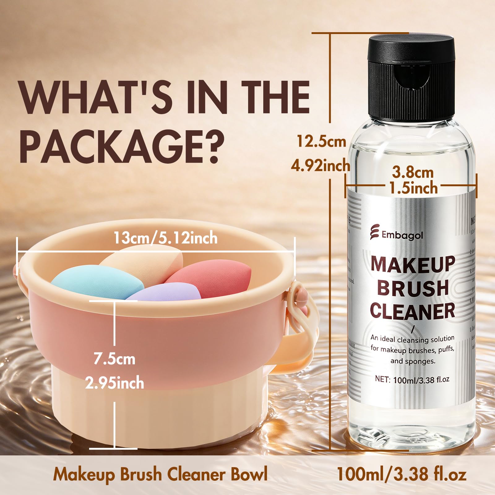 Embagol Makeup Brush Cleaner Kit with Cleaning Bowl, Make Up Brush Cleansers Solution for Sponges, Puffs and Brushes - Gentle Formula, Cruelty Free(2-pieces set, 100ml/3.38 fl oz + Khkai)