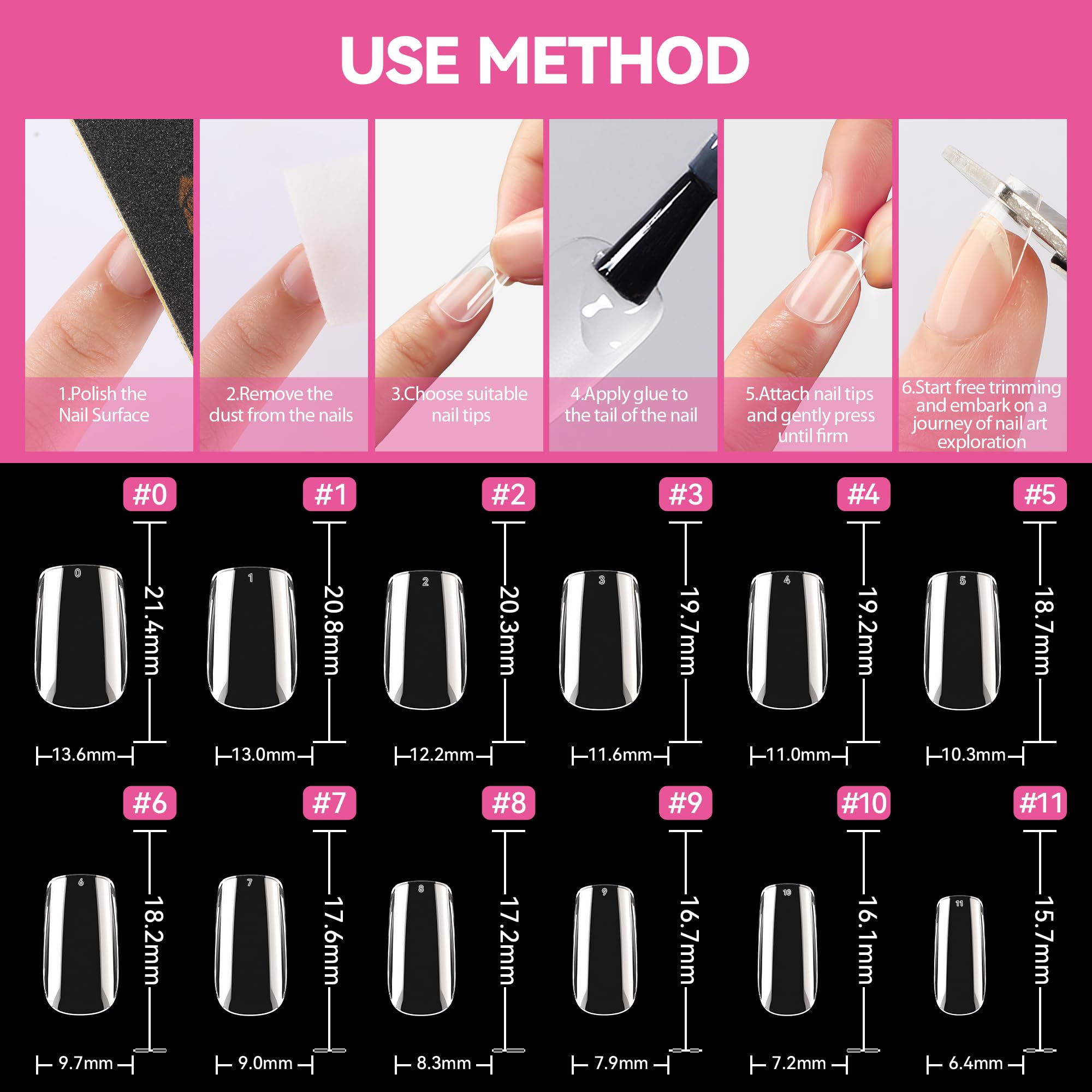 UNA GELLA 504pcs Short Square Gel Nail Tips – 12 Sizes