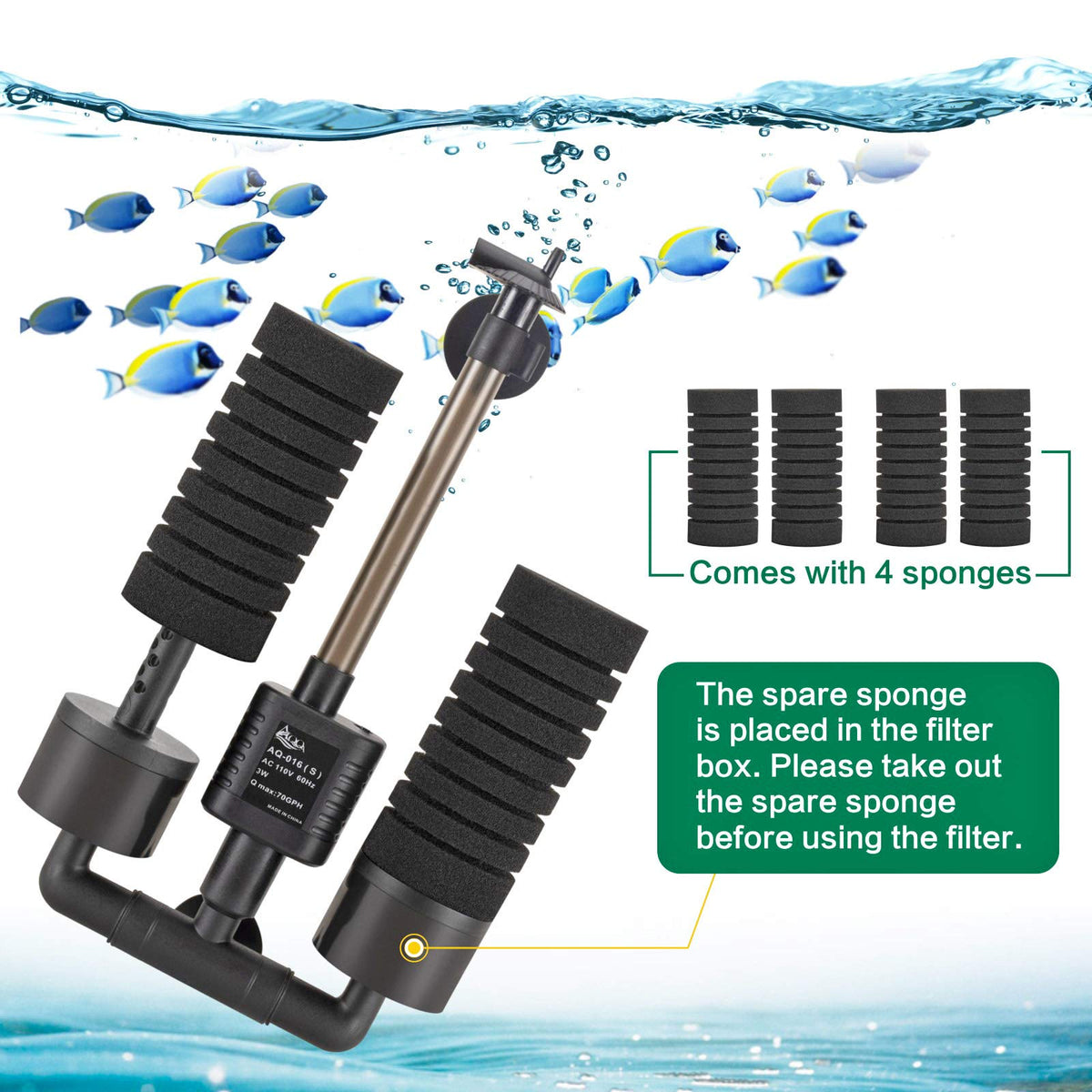 AQQA Electric Sponge Filter for Aquarium 10 40 Gallon Fish - AQQA Official Imagery - 6