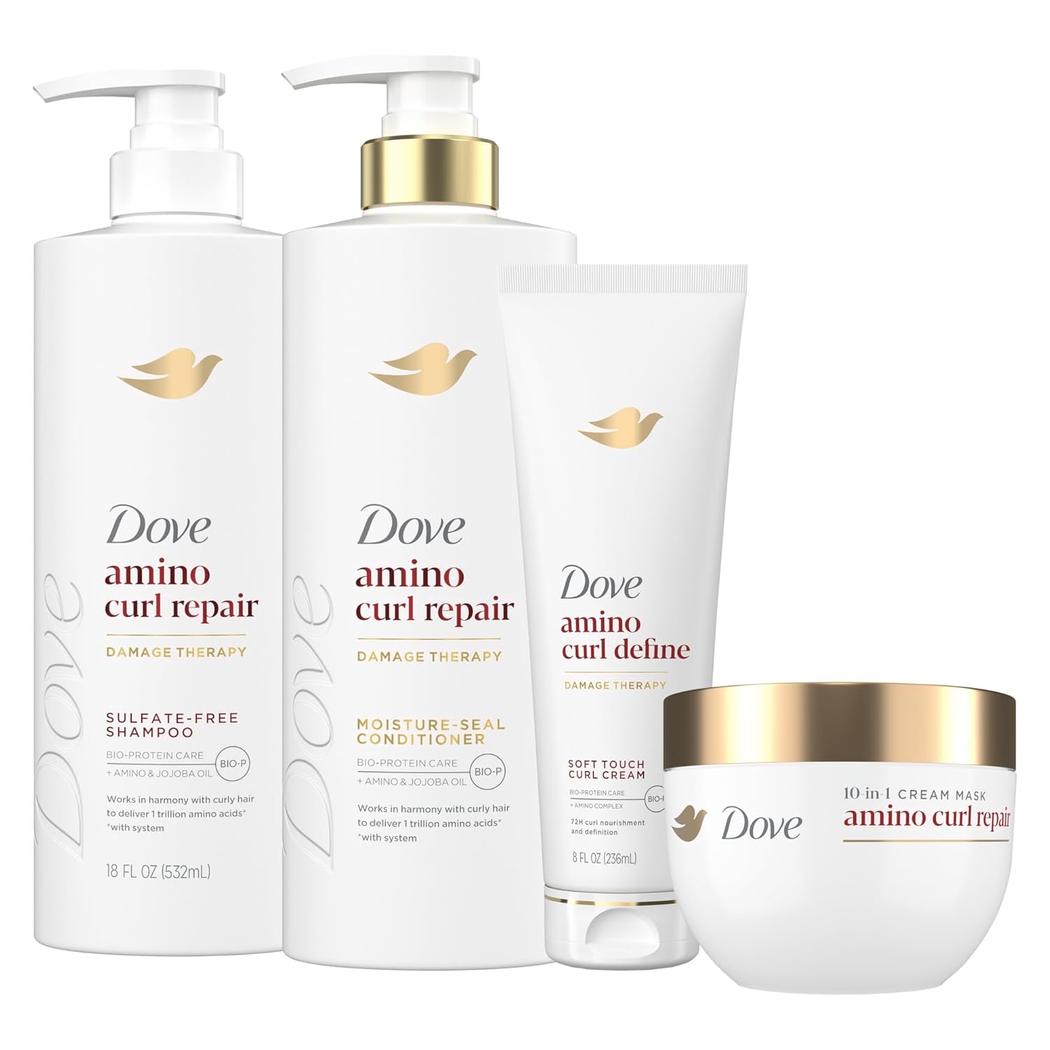Elefair Dove shampoo, conditioner, and mask pack for curly hair from the Amino Curl Regimen, featuring four products in bottles and jars.