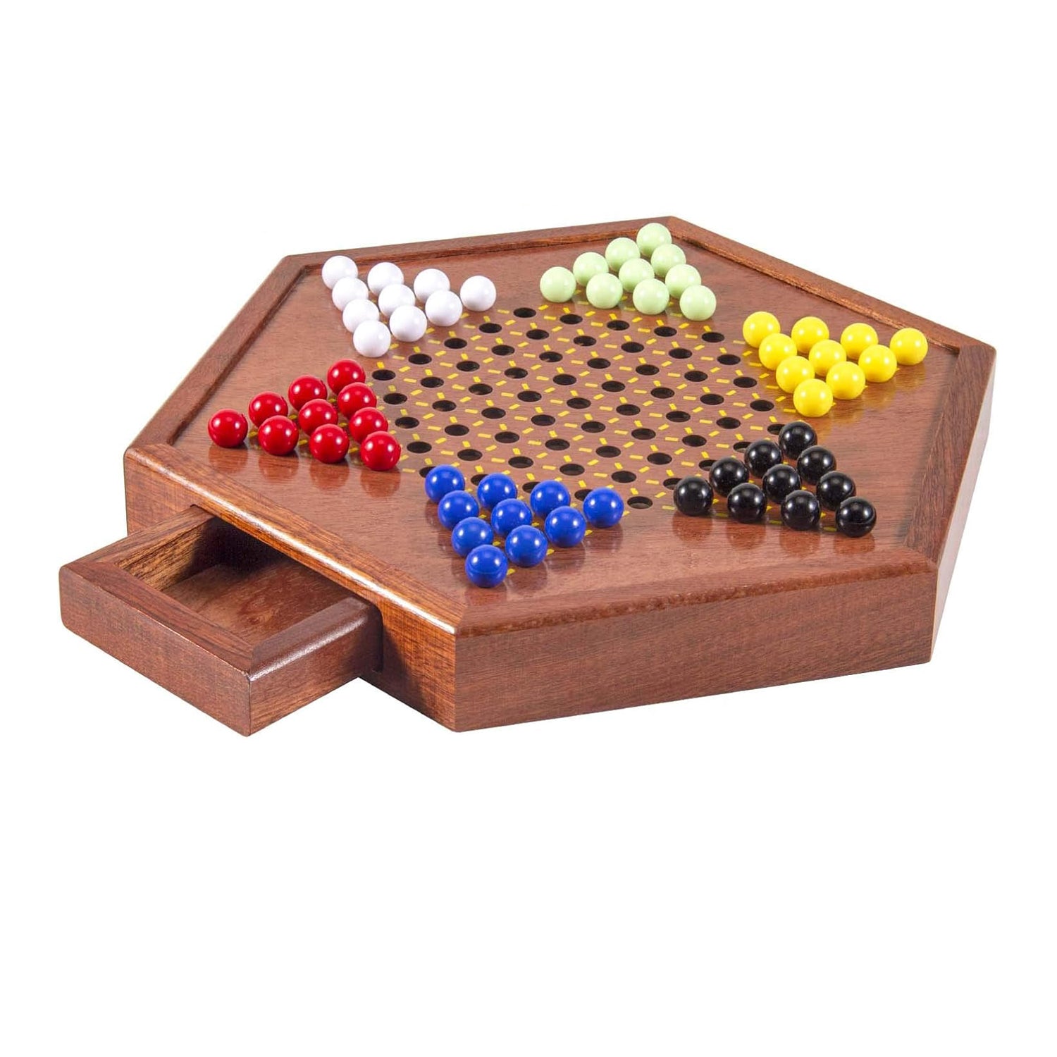 AMEROUS 12.5-inch wooden Chinese checkers set with storage drawer, featuring colorful marbles and smooth wooden surface.