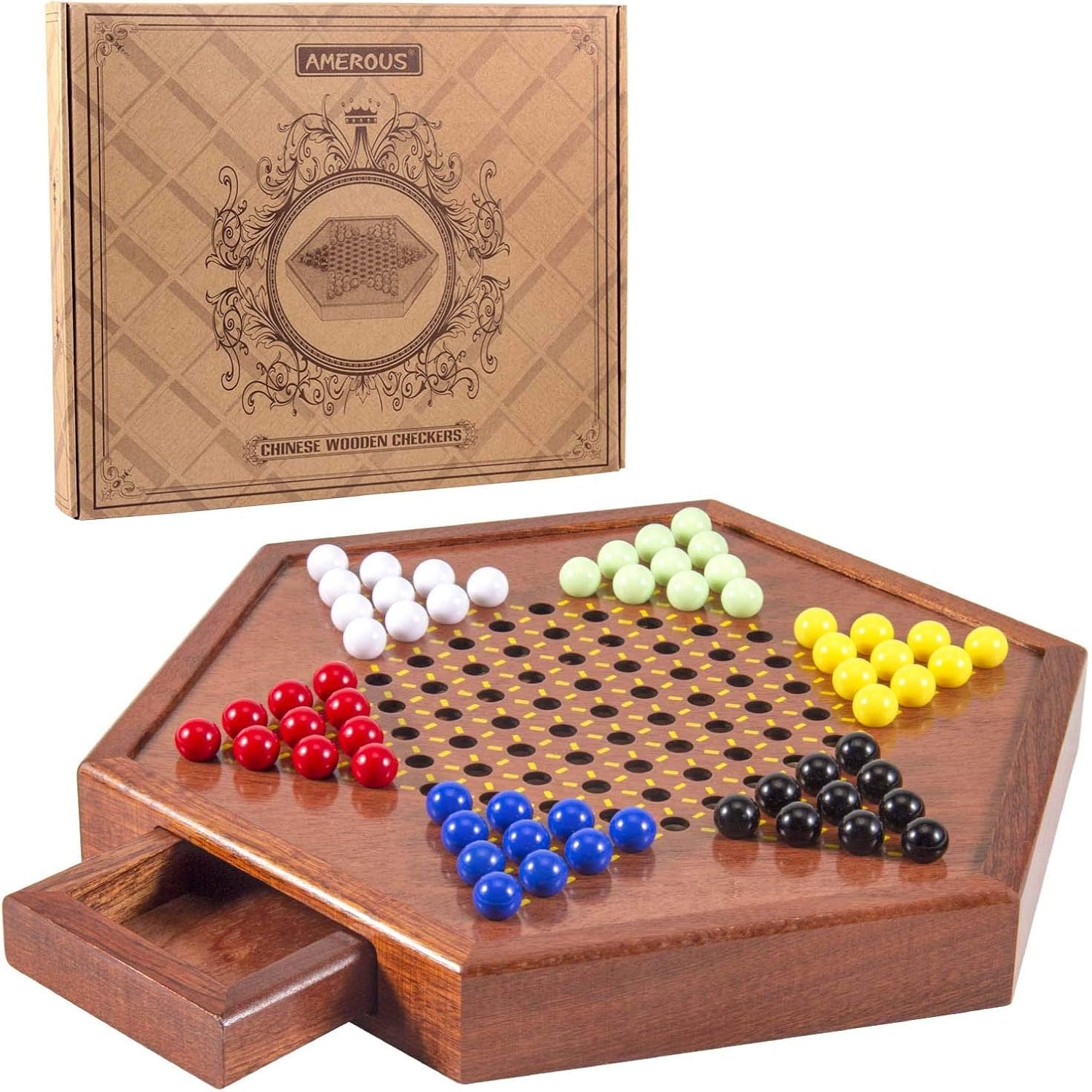 AMEROUS 12.5-inch wooden Chinese checkers set with storage drawer and colorful marbles for strategic gameplay.
