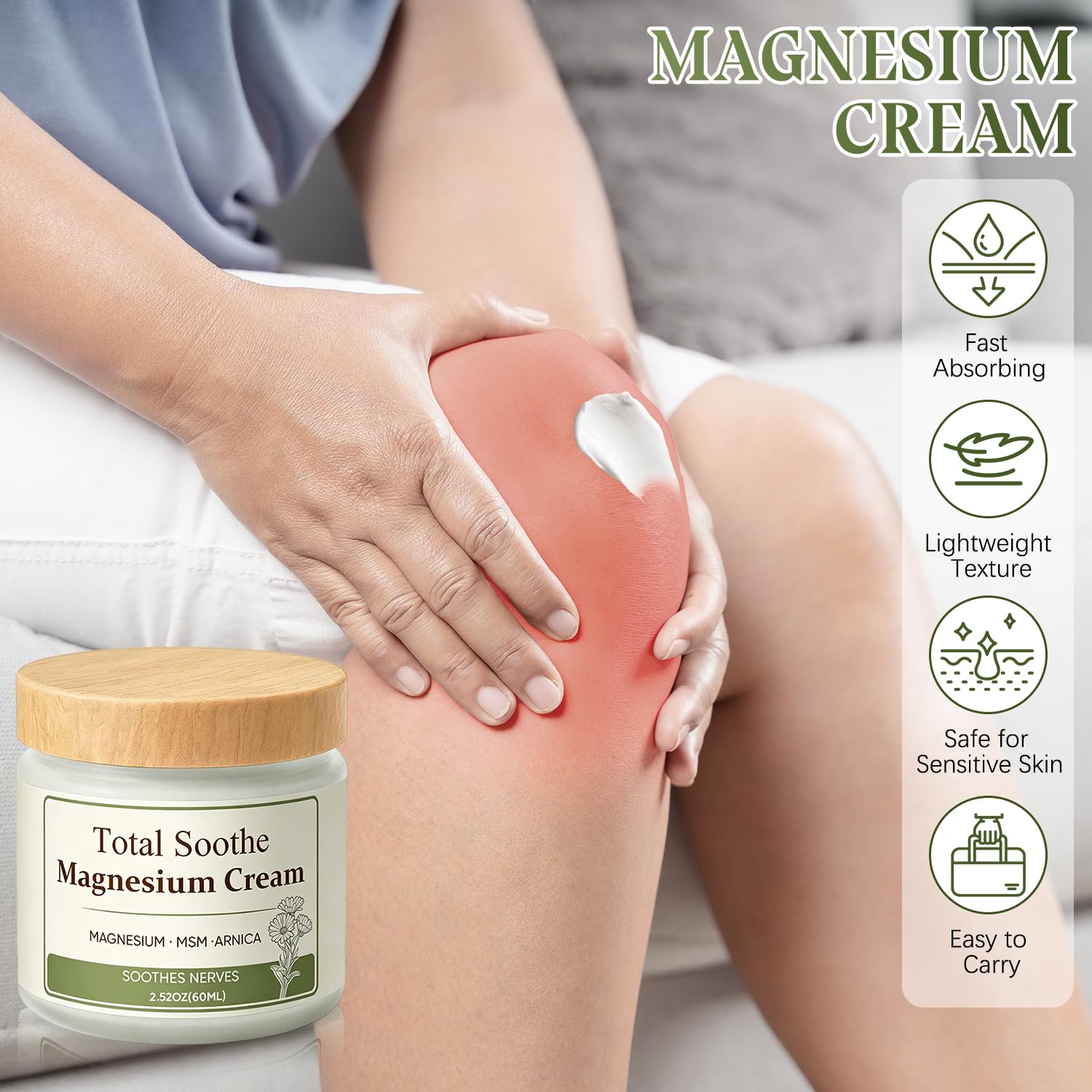 LHBMET Magnesium Cream with MSM and arnica, skincare moisturizer, shown in a 2-pack with cream jars on a neutral background.