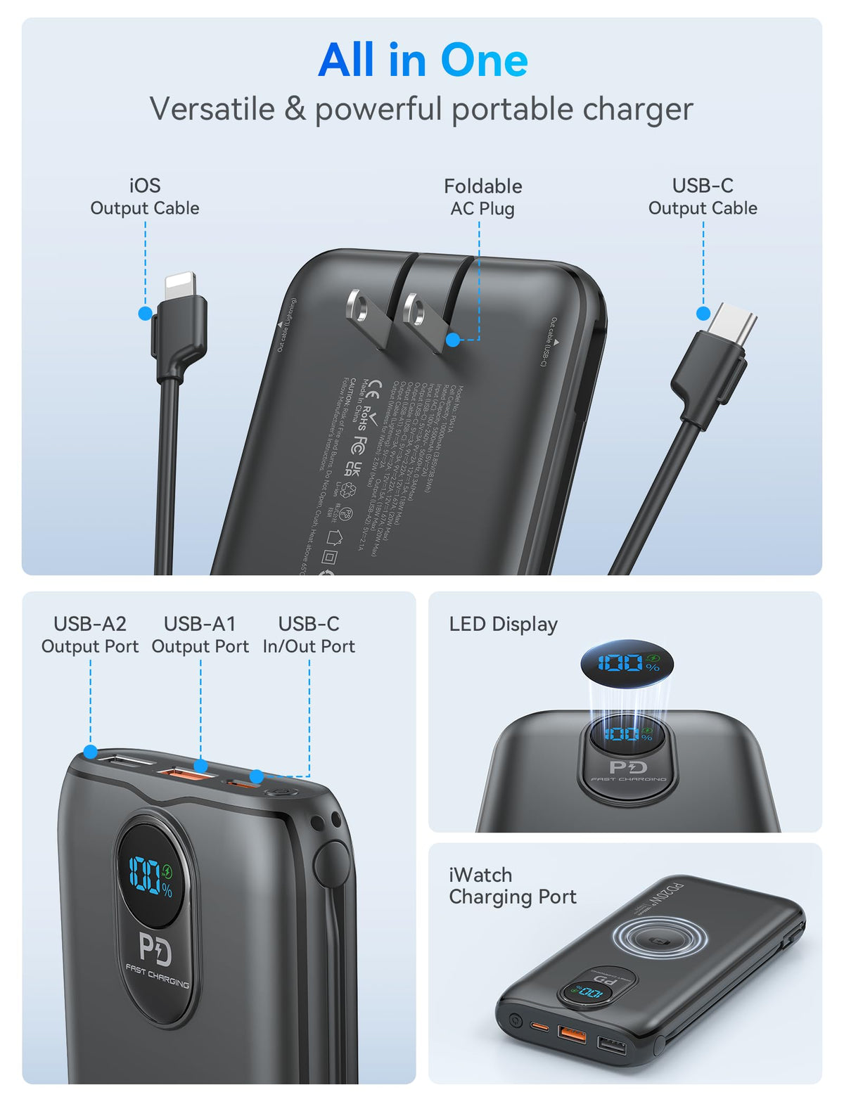 Portable Charger Power Bank 10000mAh PD20W w Built in Cables - LENGSUM Official Imagery - 5