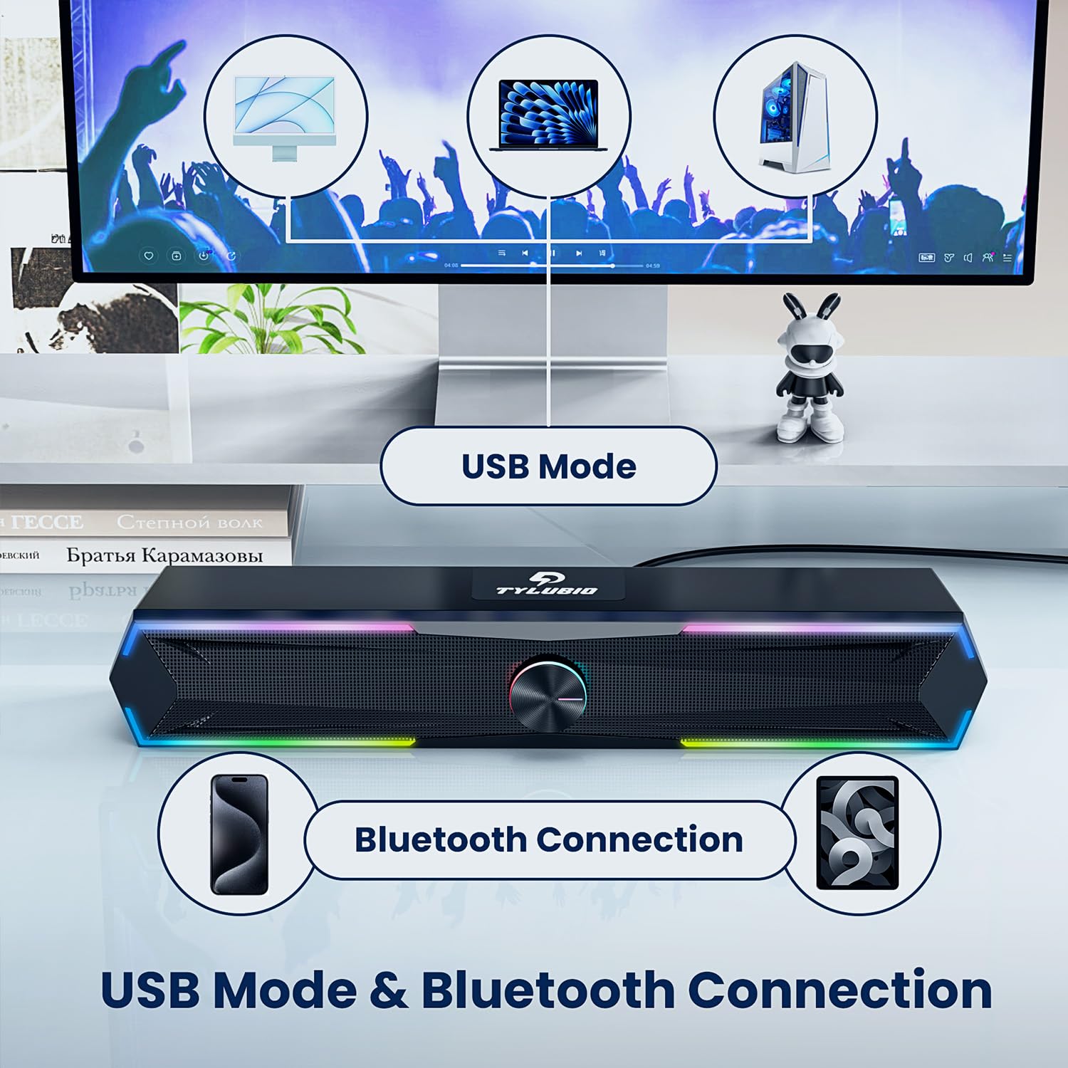 Tylubio Computer Speakers for Pc Desktop with Clear Sound, Flowing LED PC Speaker for Computer Desktop Laptop Monitor, Bluetooth & USB Input Black