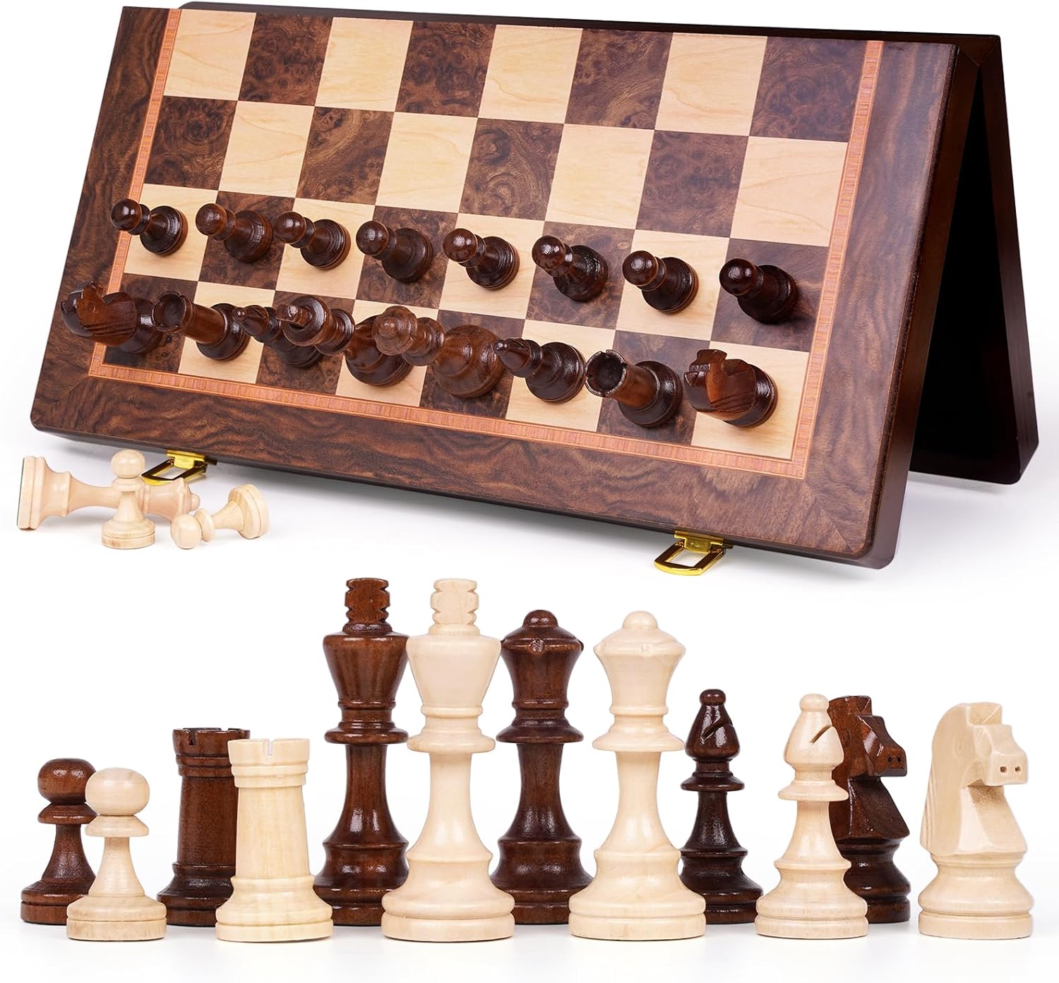 Magnetic 15-inch wooden chess set with storage and folding design, suitable for travel and chess enthusiasts by XAOHAO.