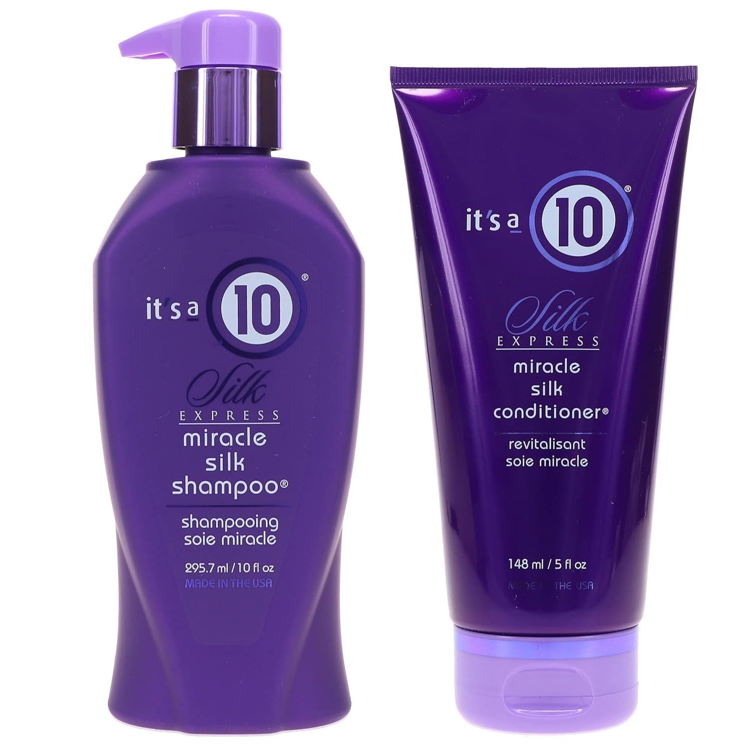 It's a 10 Haircare Miracle Silk Shampoo and Conditioner set, featuring a 10 oz shampoo and 5 oz conditioner bottles with sleek packaging.