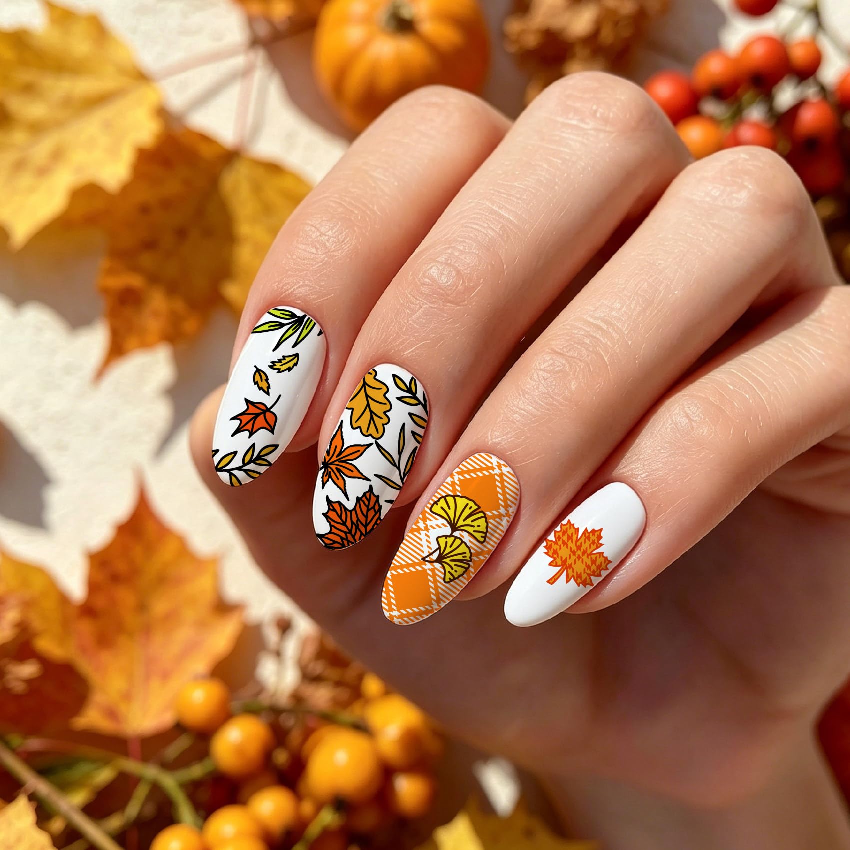 Arbuya Fall Nail Stamping Plates Set of 3 - Pumpkin, Mushroom, Maple, Ginkgo, Oak Leaves & Checkered Backgrounds for Autumn Nail Art for DIY Nail Art Manicure Salon Supply