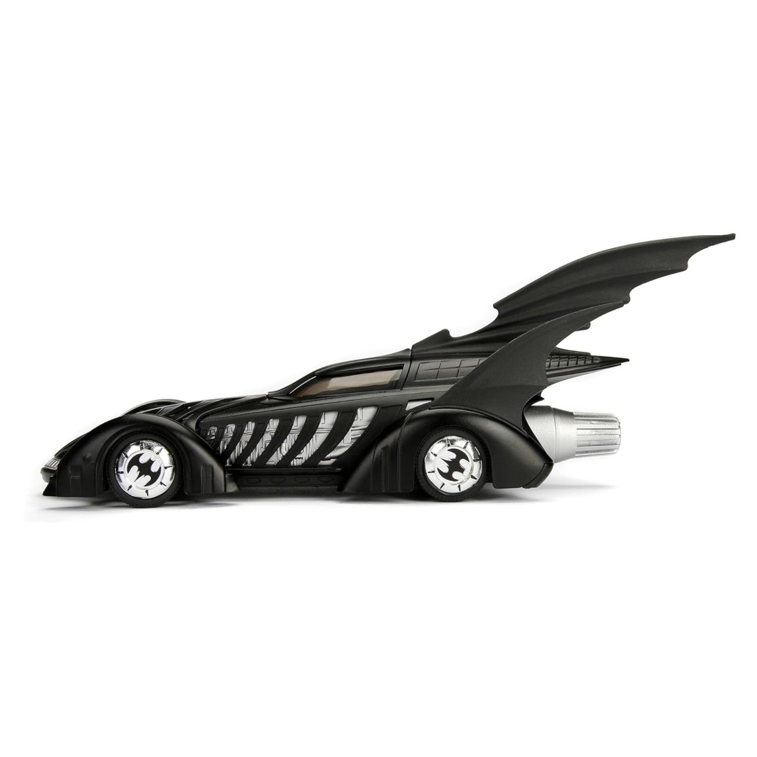 Jada DC Comics Batman Forever Batmobile die-cast vehicle with Batman figure, detailed 1:24 scale collectible toy.