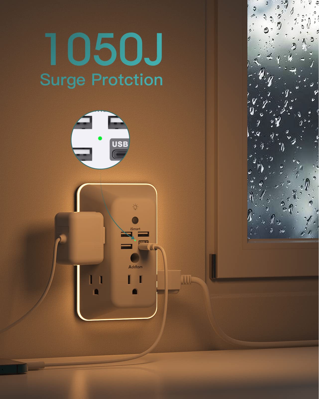 Addtam Surge Protector, 5 Outlet Extender with Night Light and 4 USB P - View 7