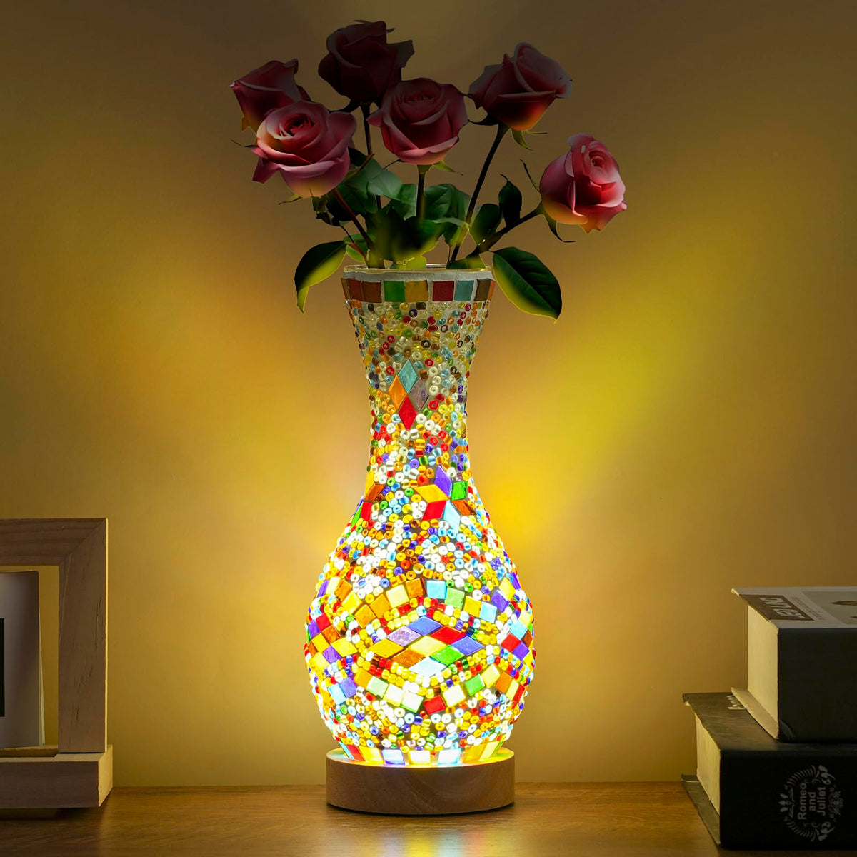 Mosaic Vase Lamp Turkish Table Lamp with Wood Base USB LED - JAITAIK Official Imagery - 2