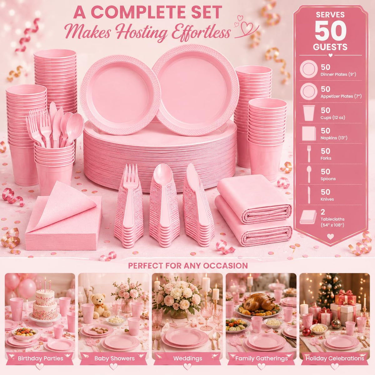 Tinybee 352 Pcs Pink Plastic Plates Disposable Dinnerware - Tinybee Official Imagery - 6