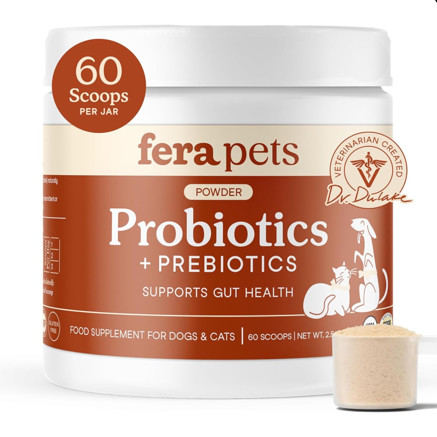 Fera Pets probiotics for dogs and cats with prebiotics, USDA Organic, promoting energy, healthy skin, coat, and digestion.