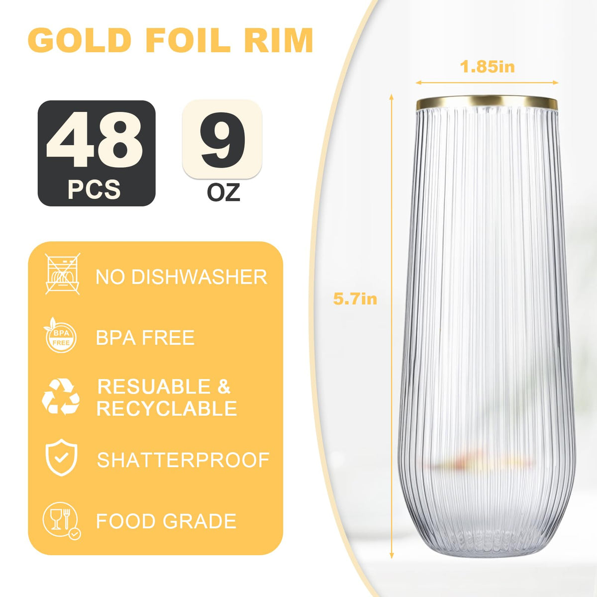 48 Pack Ribbed Plastic Champagne Flutes Glasses Stemless - JoyGletss Official Imagery - 3