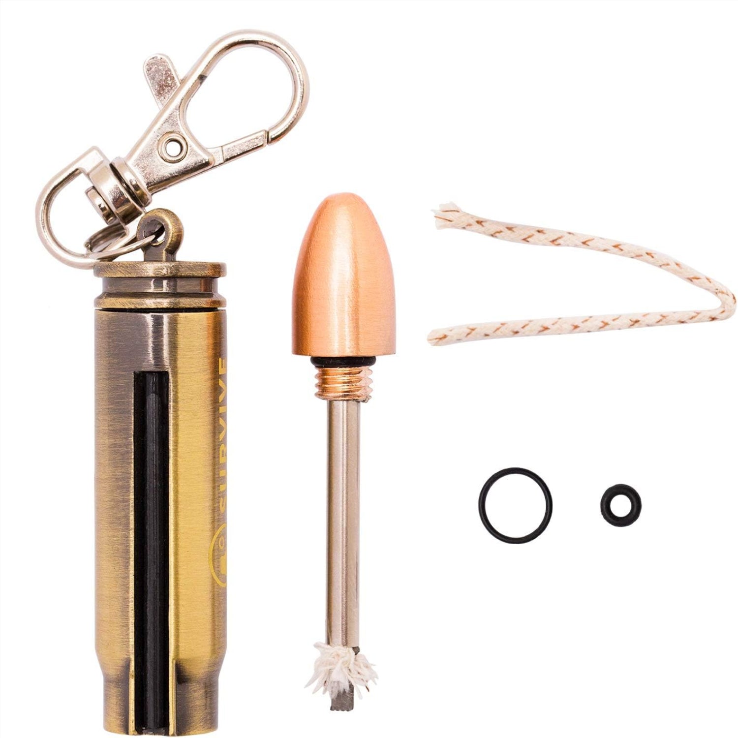 SURVIVE permanent match bullet keychain with metal clip, reusable survival tool designed for quick access and durability