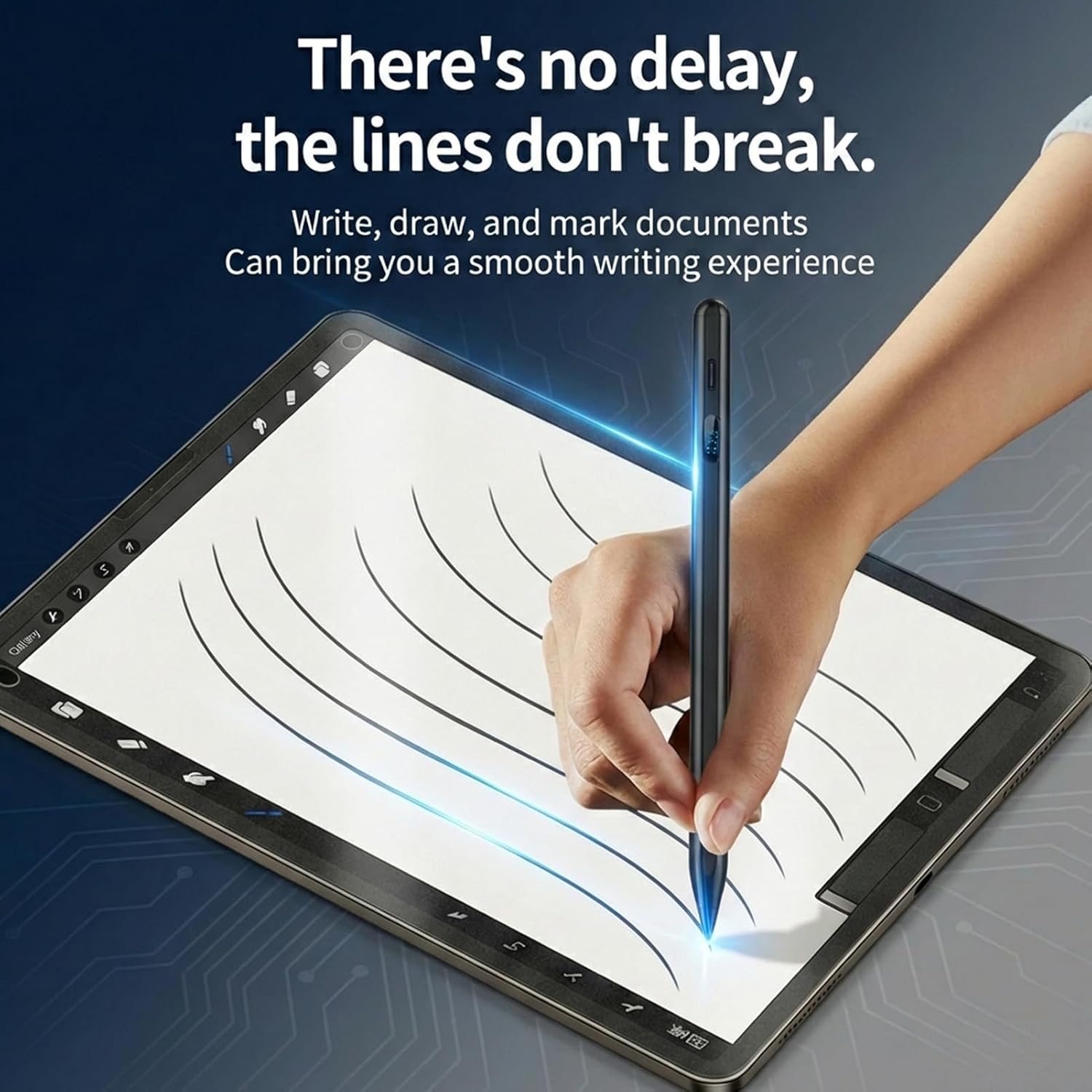 JEDOUBAL stylus pen for iPad and tablets with dual OS compatibility and LED power display, shown resting on a tablet screen.