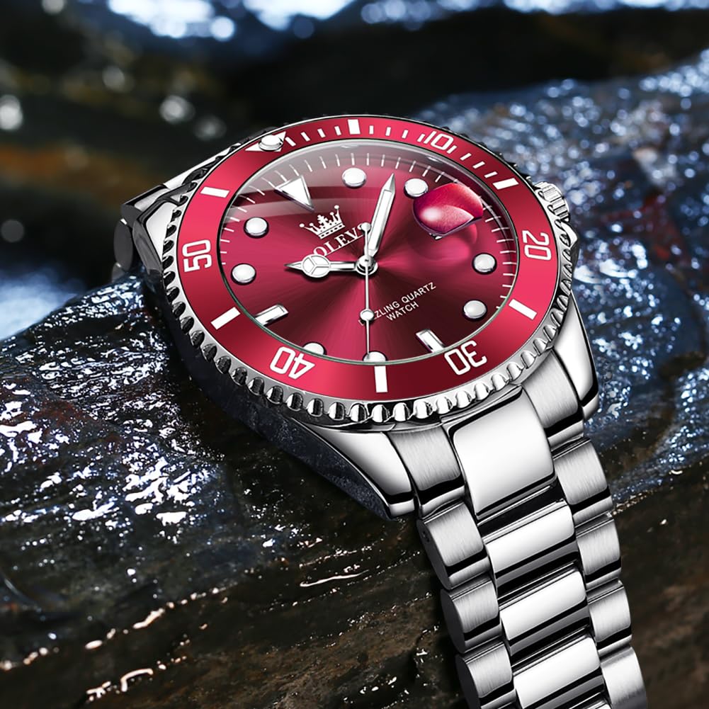 OLEVS Men's Silver & Red Dial Dress Watch Quartz Date Steel