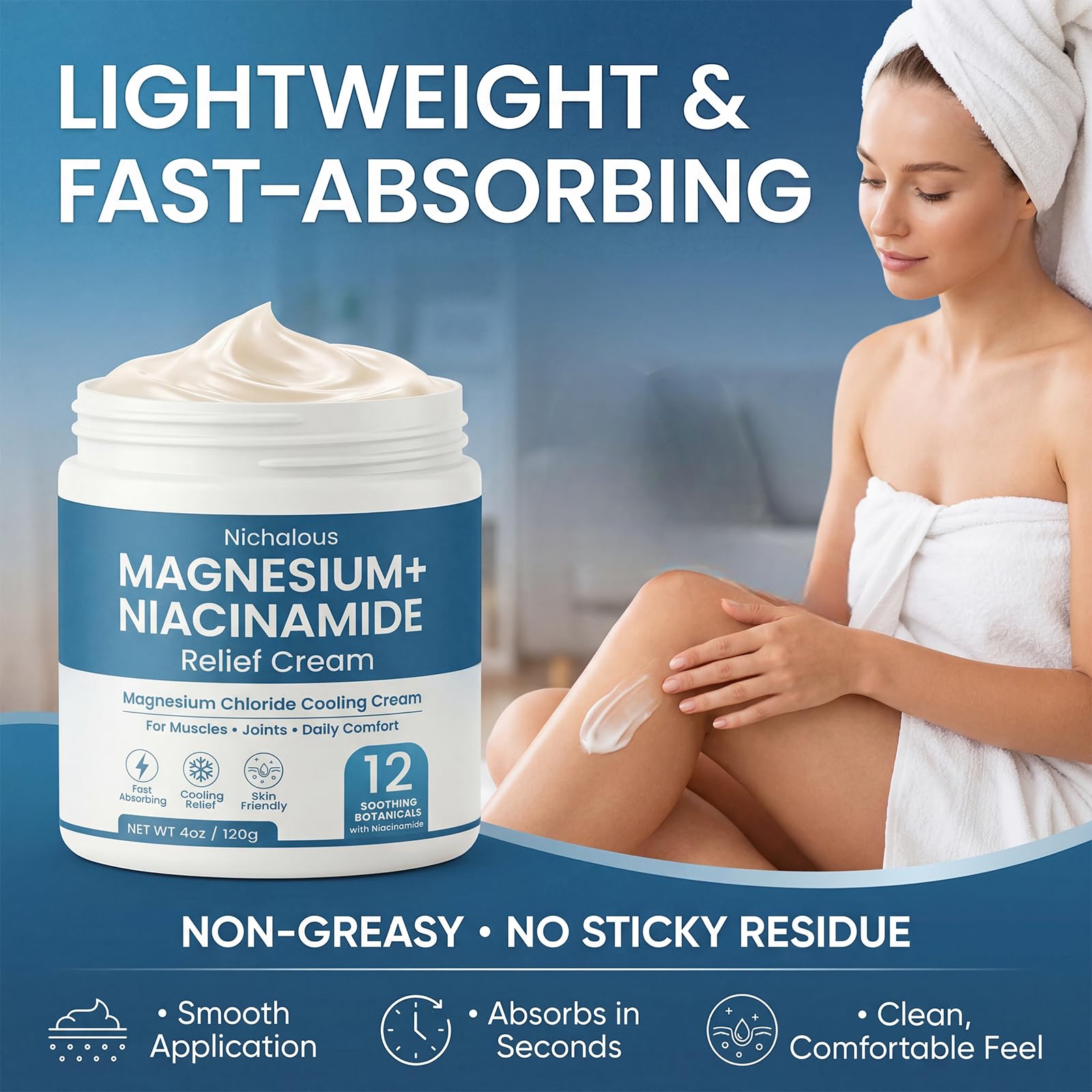 Nichalous Magnesium and Niacinamide Relief Cream 4 oz, mineral supplement in a white jar with label and lid, for skin support.