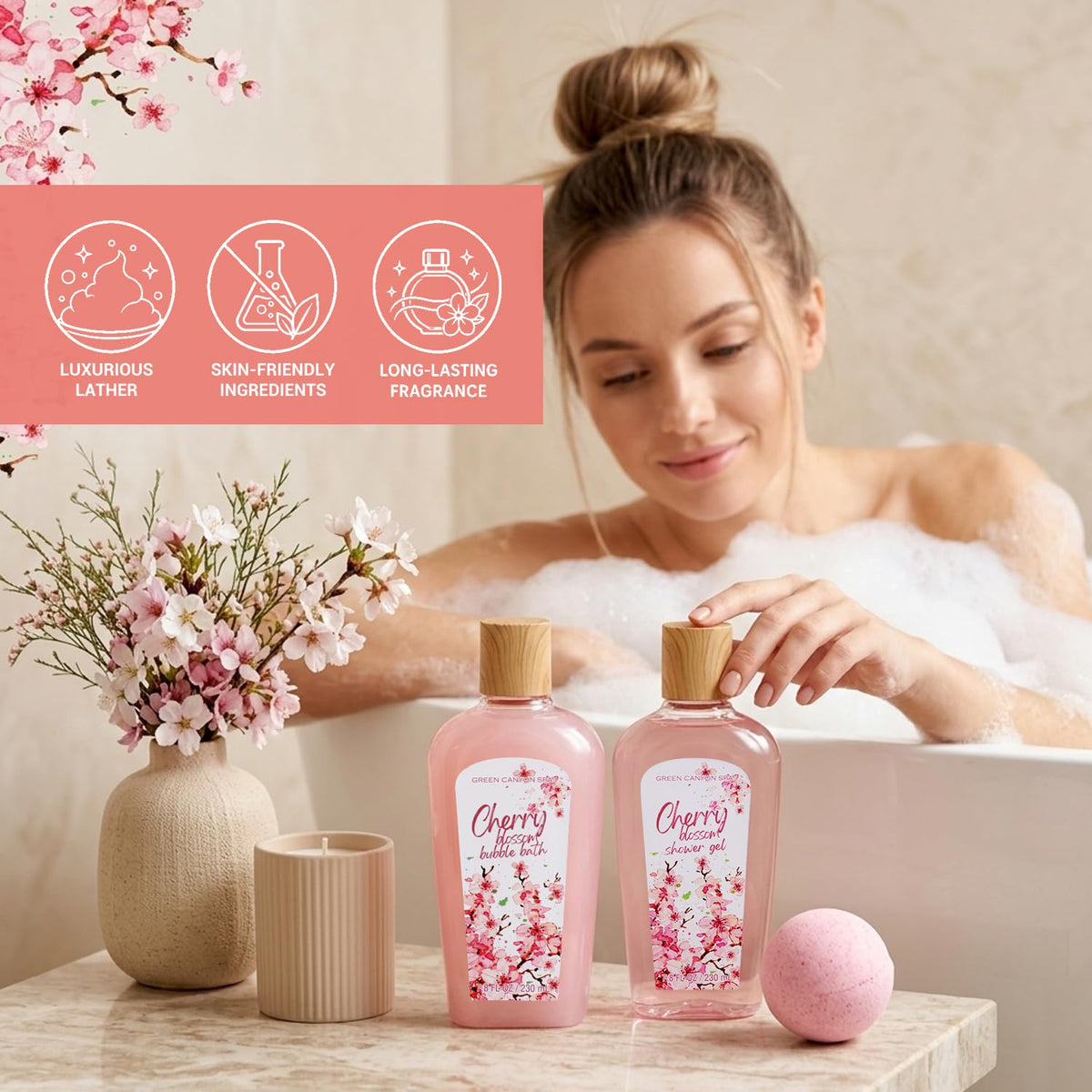 Green Canyon Spa 10pc Cherry Blossom Spa Gift Baskets Gifts - Green Canyon Spa Official Imagery - 3