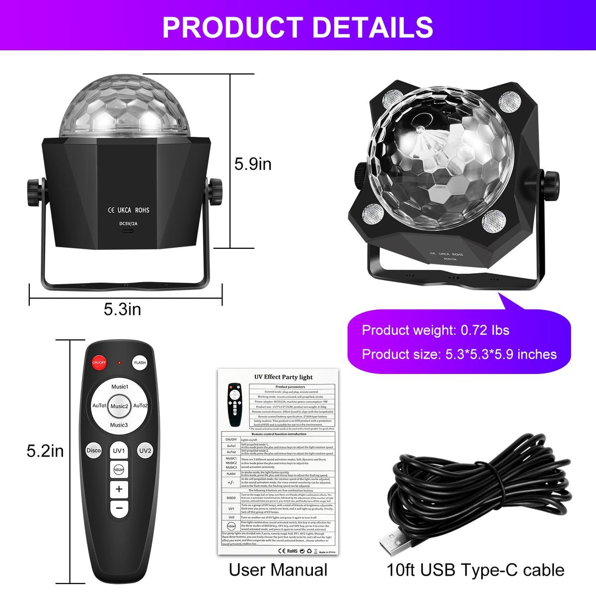 2 in 1 Glow Party Black Light Disco Ball Light with Sound - DJPTYGCK Official Imagery - 5