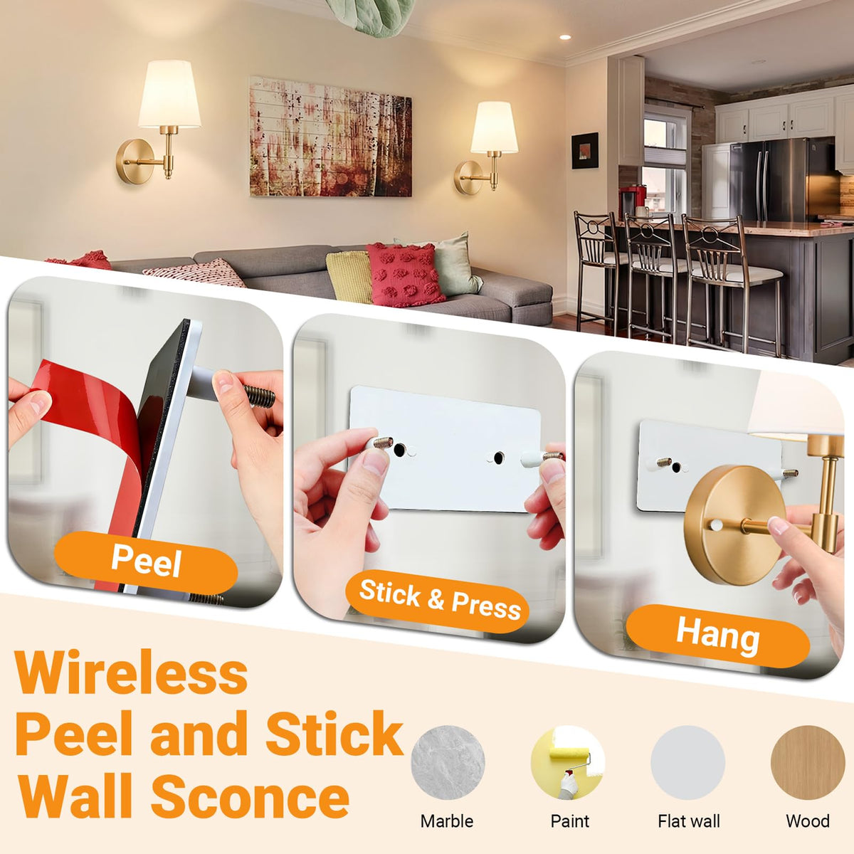 Battery Operated Wall Sconce Peel and Stick Sconces Set of 2 - Nekhung Official Imagery - 5