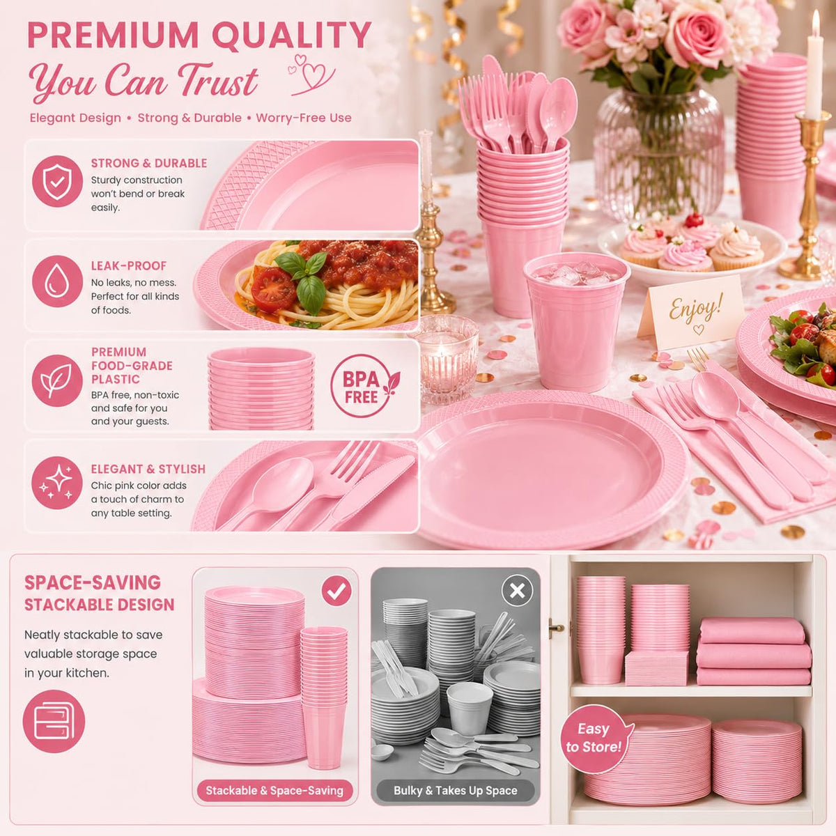 Tinybee 352 Pcs Pink Plastic Plates Disposable Dinnerware - Tinybee Official Imagery - 5