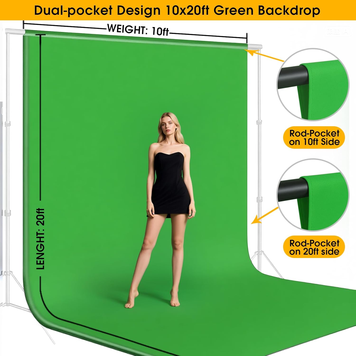 CPLIRIS 10x20ft green screen backdrop for photography with dual-pocket design, ideal for studio or outdoor shoots