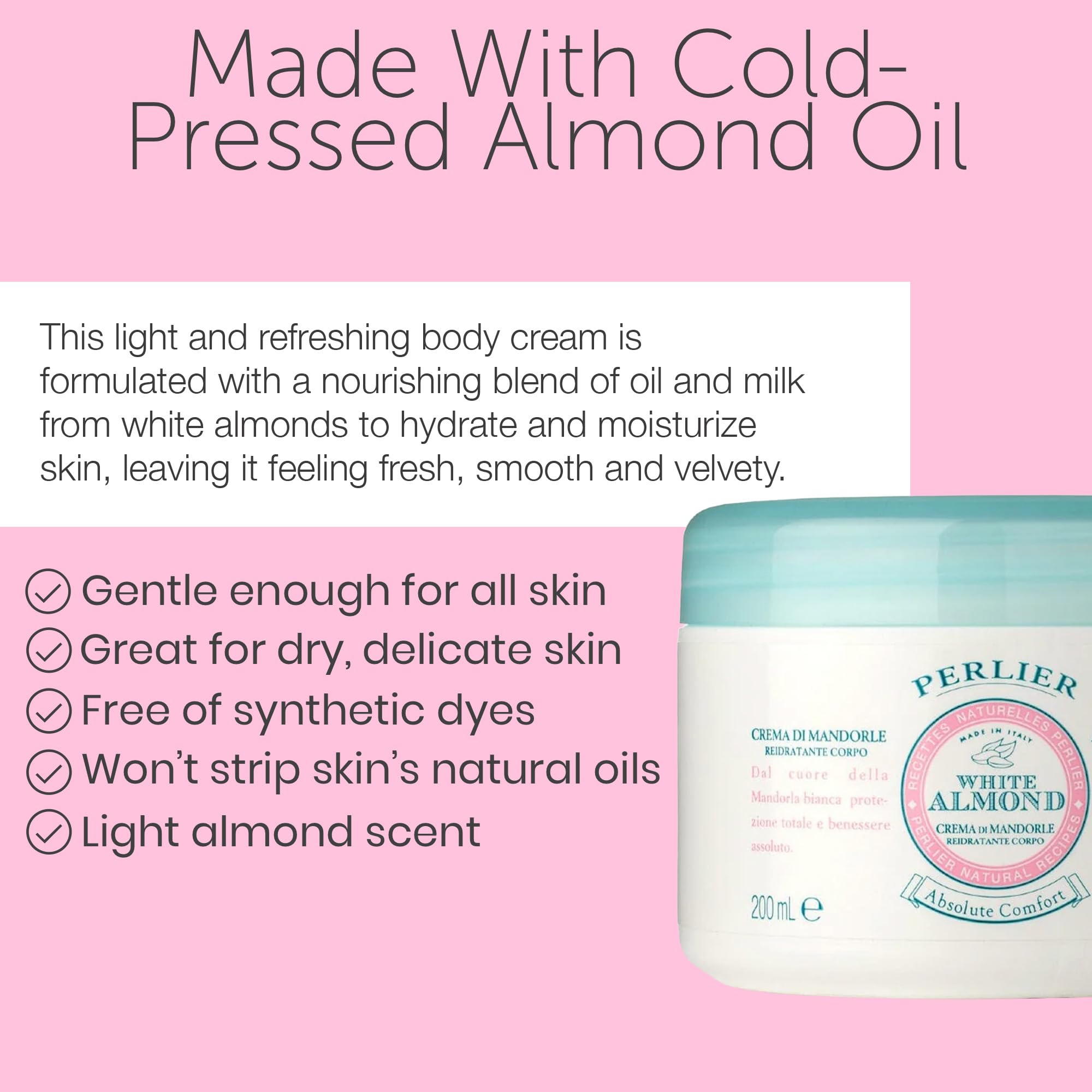 Perlier White Almond Body Cream - Ultra-Rich Moisturizing Body Cream with Sweet Almond Oil, Nourishes & Softens Dry Skin, 6.7 oz