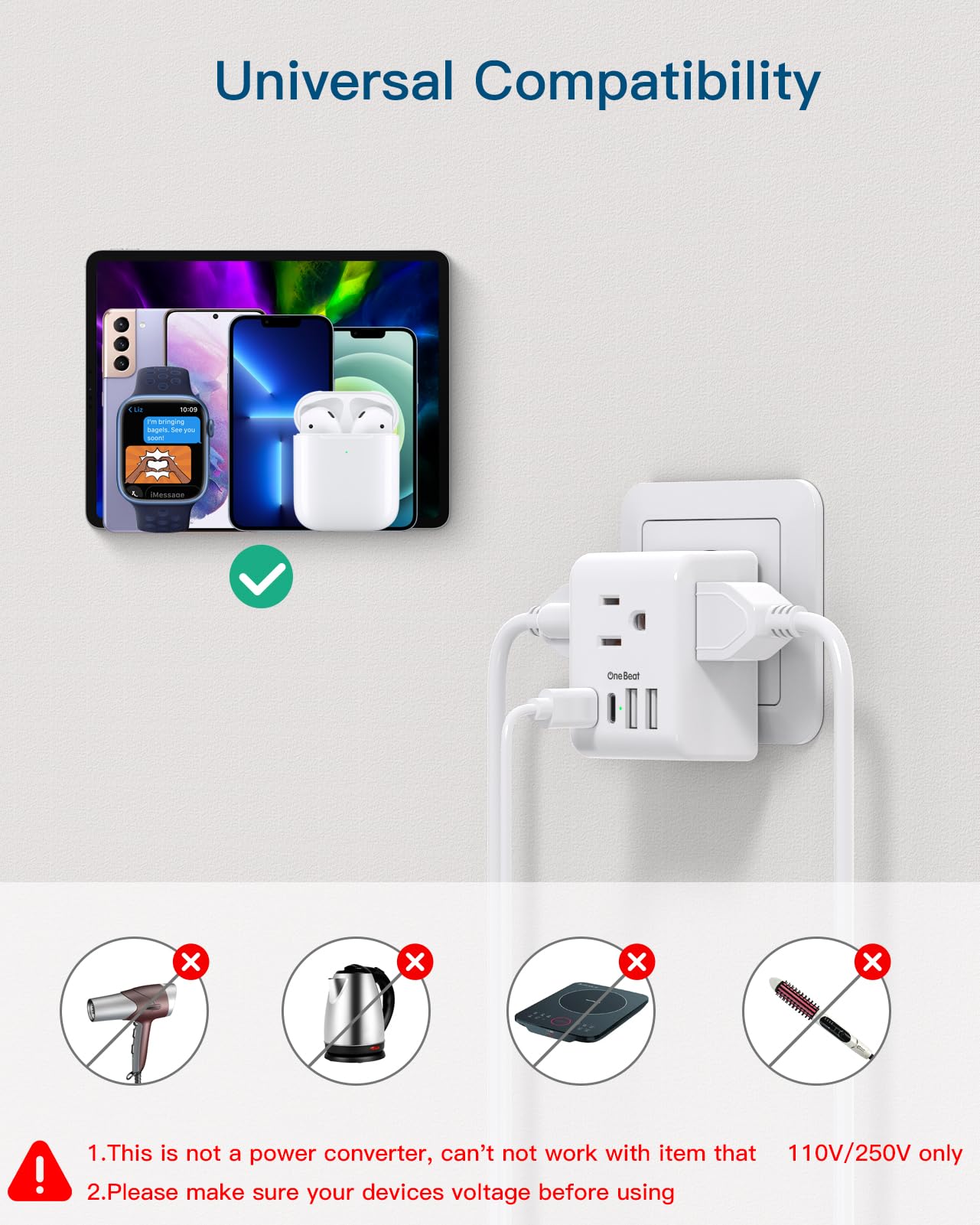 2-Pack European Travel Plug Adapter 7-in-1 USB-C Type C