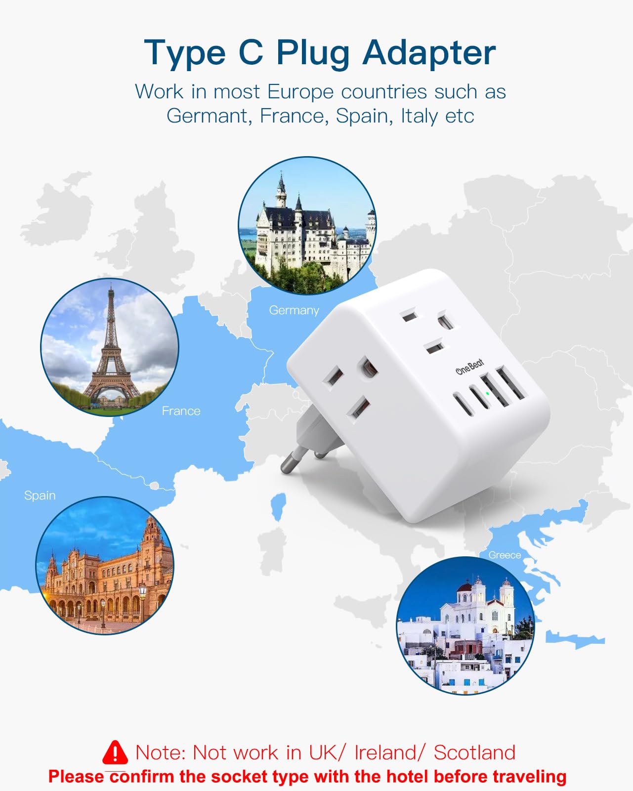2-Pack European Travel Plug Adapter 7-in-1 USB-C Type C