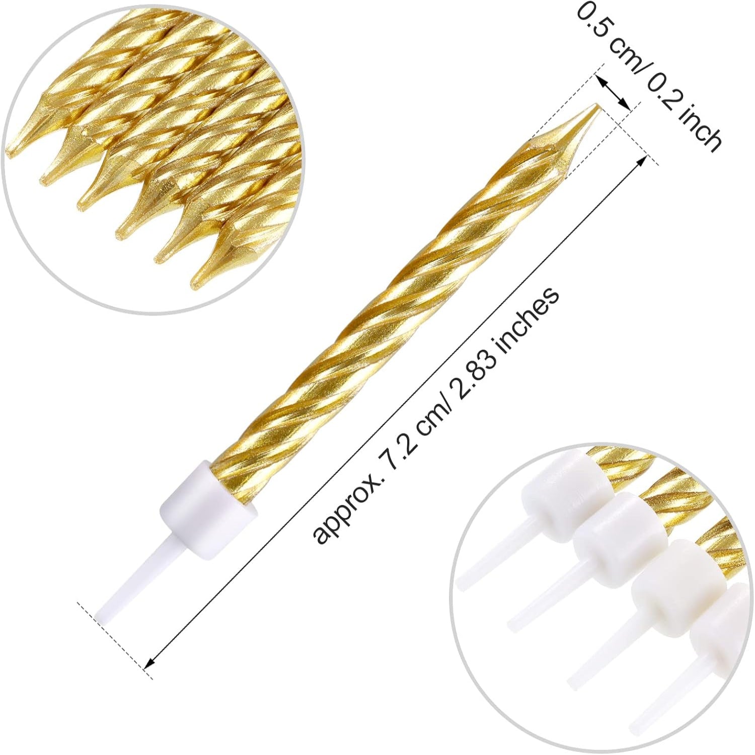 Set of 50 gold metallic spiral birthday candles from Blulu, suitable for cakes and cupcakes, on a white background.