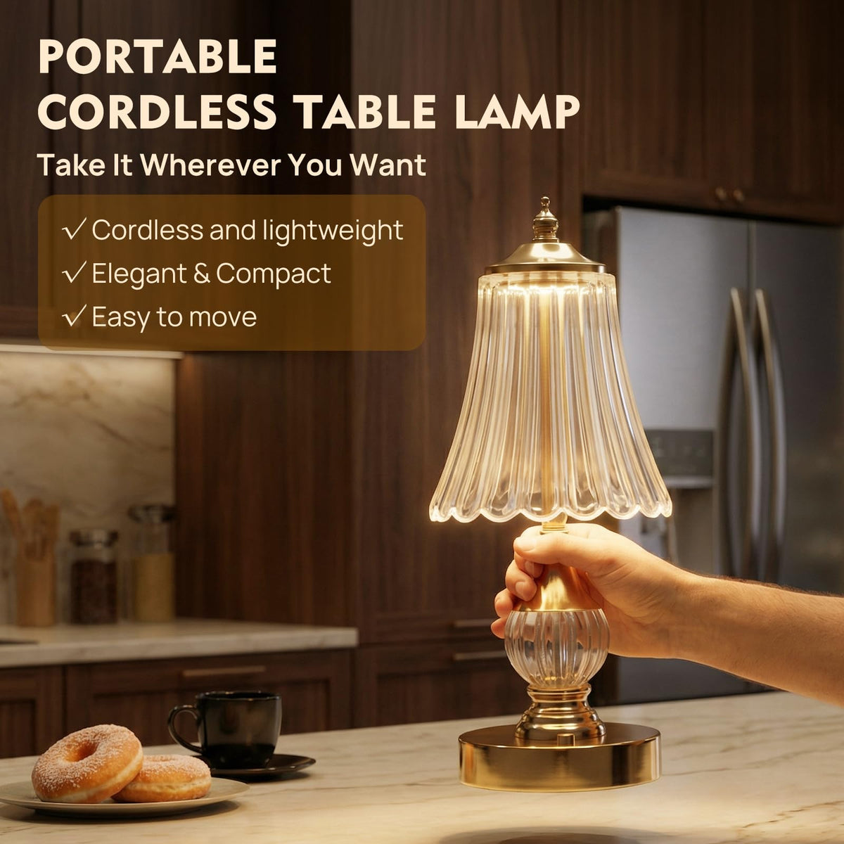 Gold Crystal Battery Operated Rechargeable Lamp Cordless - SisiHokai Official Imagery - 5