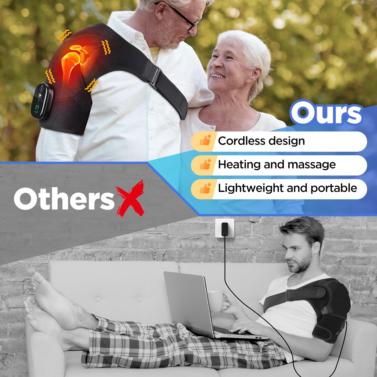 Cordless Shoulder Heating Pad & Massager with Vibration, Rechargeable