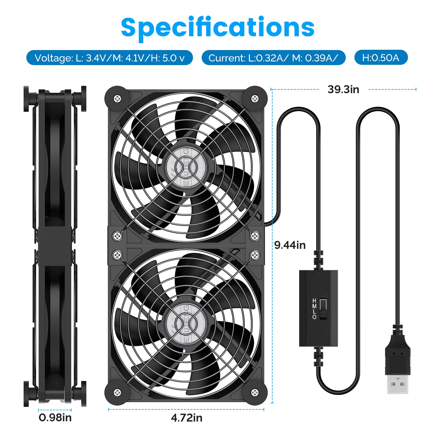 ELUTENG Dual USB Computer Cooling Fan High Speed 120mm Fan Adjust by ELUTENG - Angle View 2