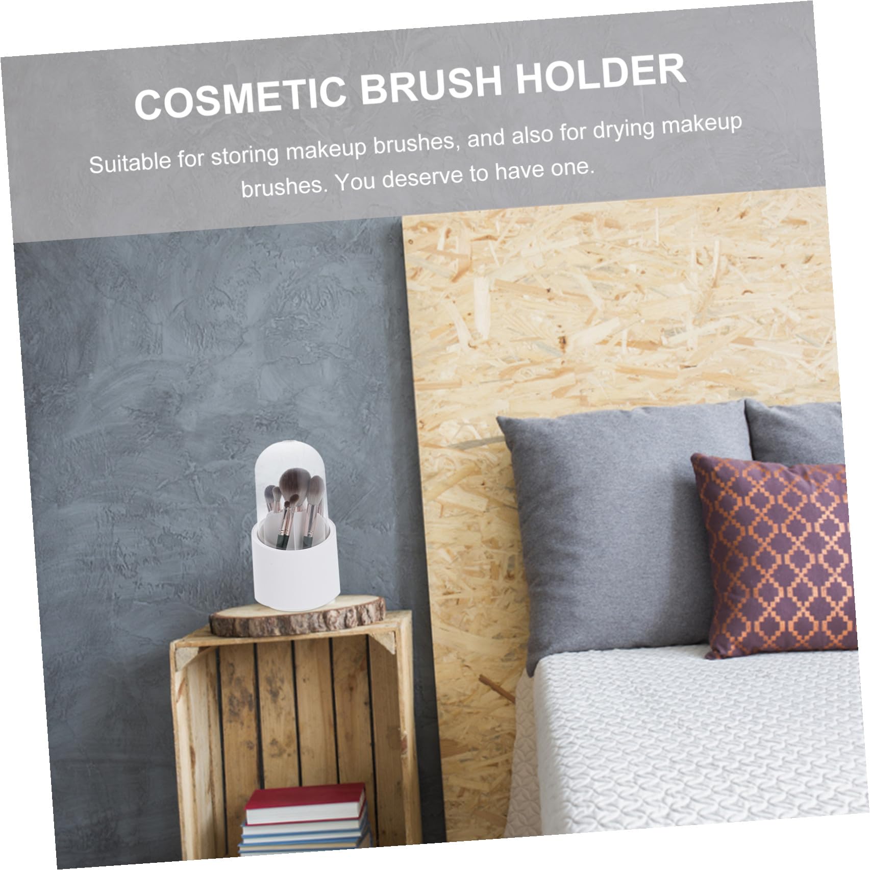 White BEBEMOKO rotating makeup brush holder caddy with 360° stand for organizing cosmetic brushes on desktop.