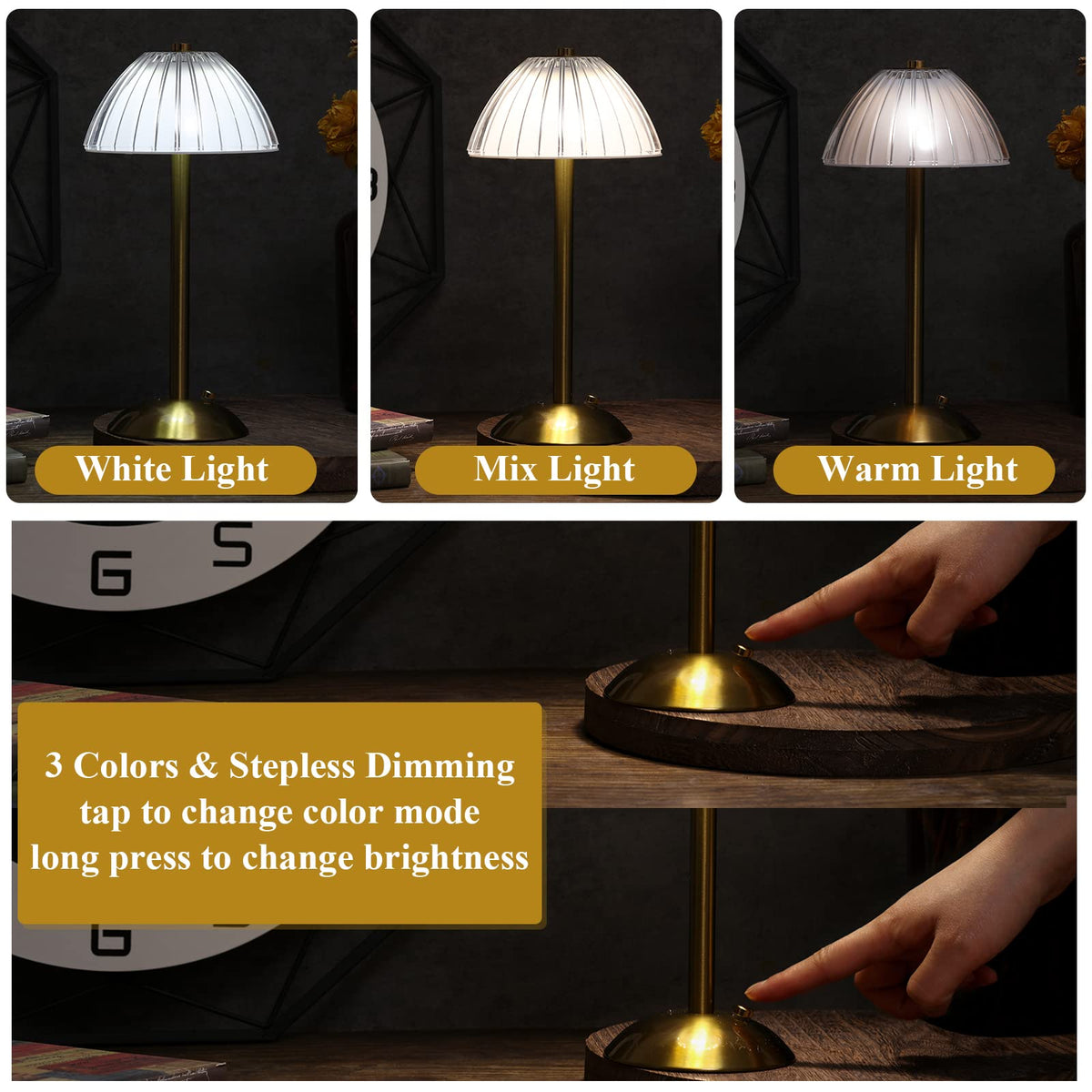 Liliful 2 Pcs Cordless Table Lamp LED Touch Gold Mushroom - Liliful Official Imagery - 5